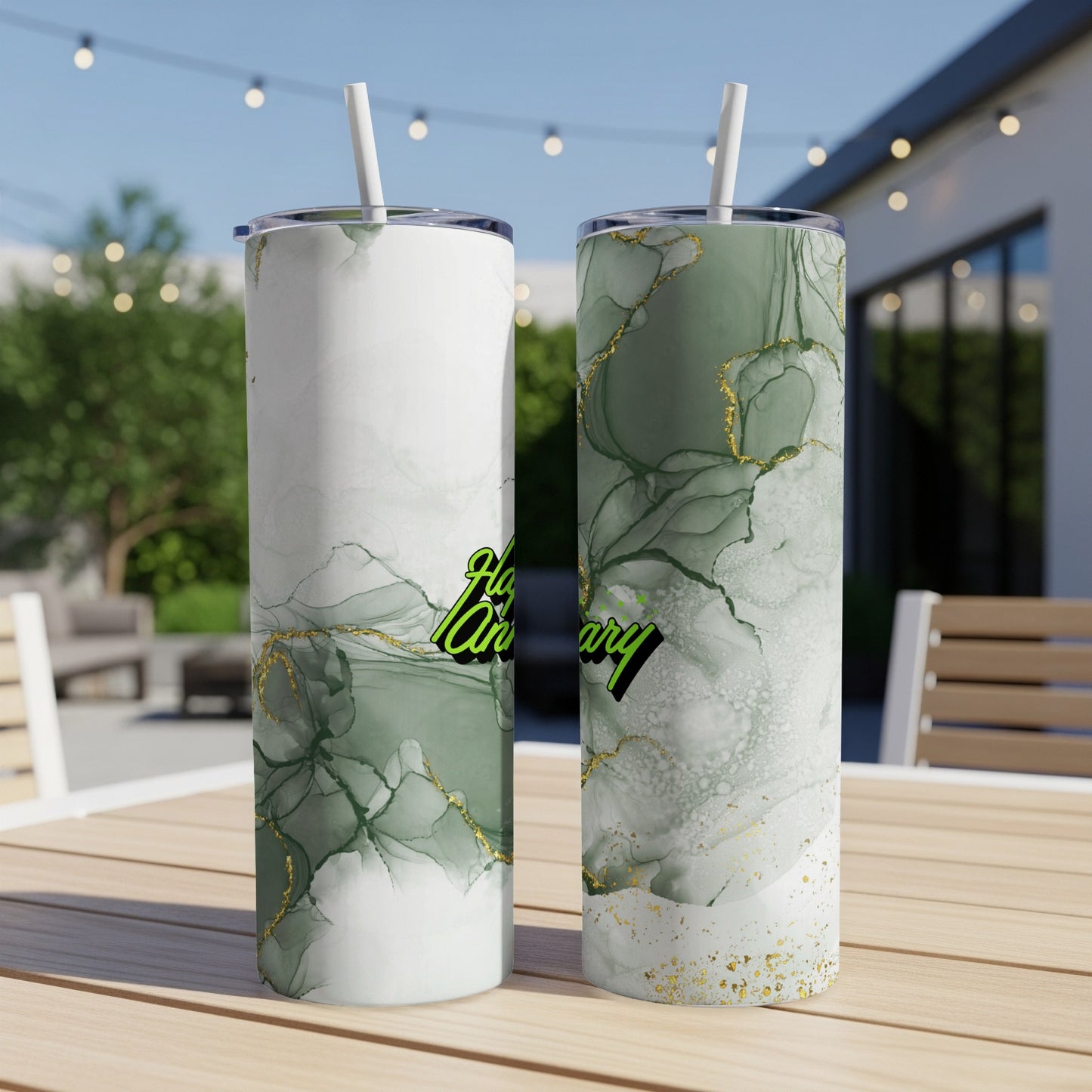 Two tumblers with green marble design and "Happy Anniversary" text.