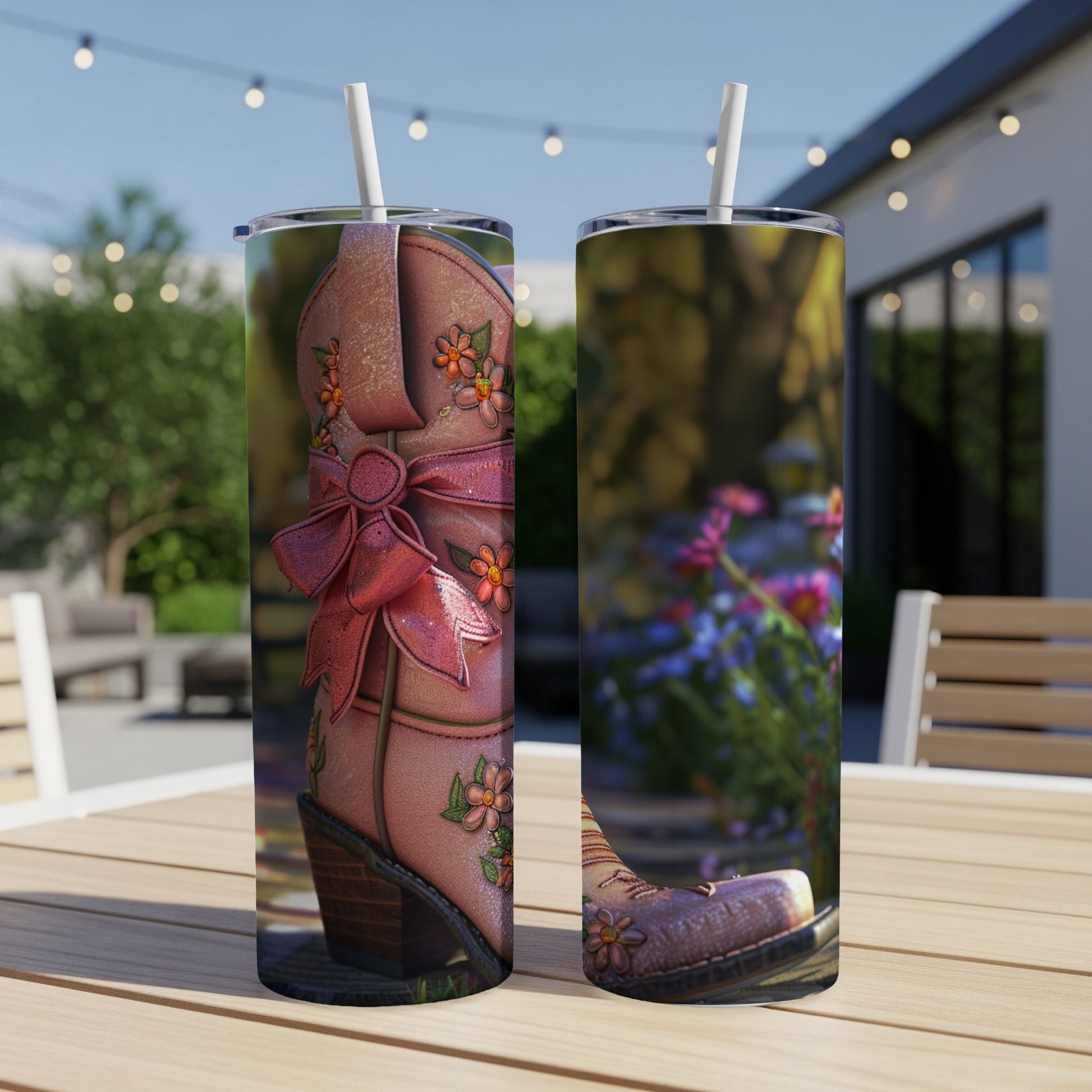 Pink cowboy boots with floral details and a bow on a table.