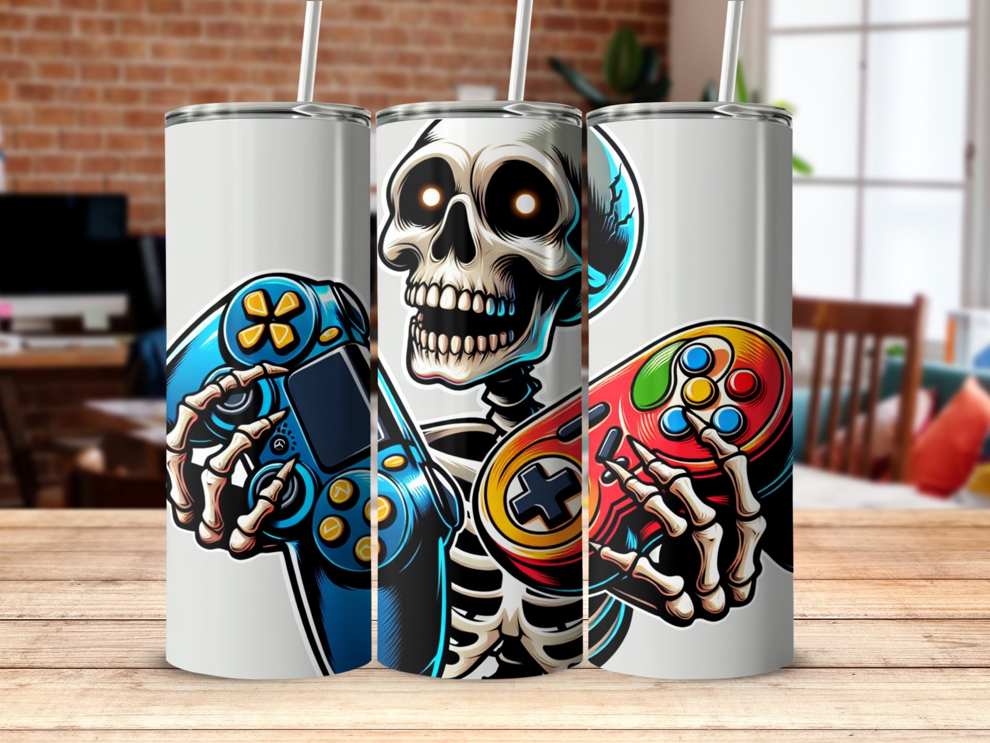 Gamer Skeleton with Colorful Controllers tumbler
