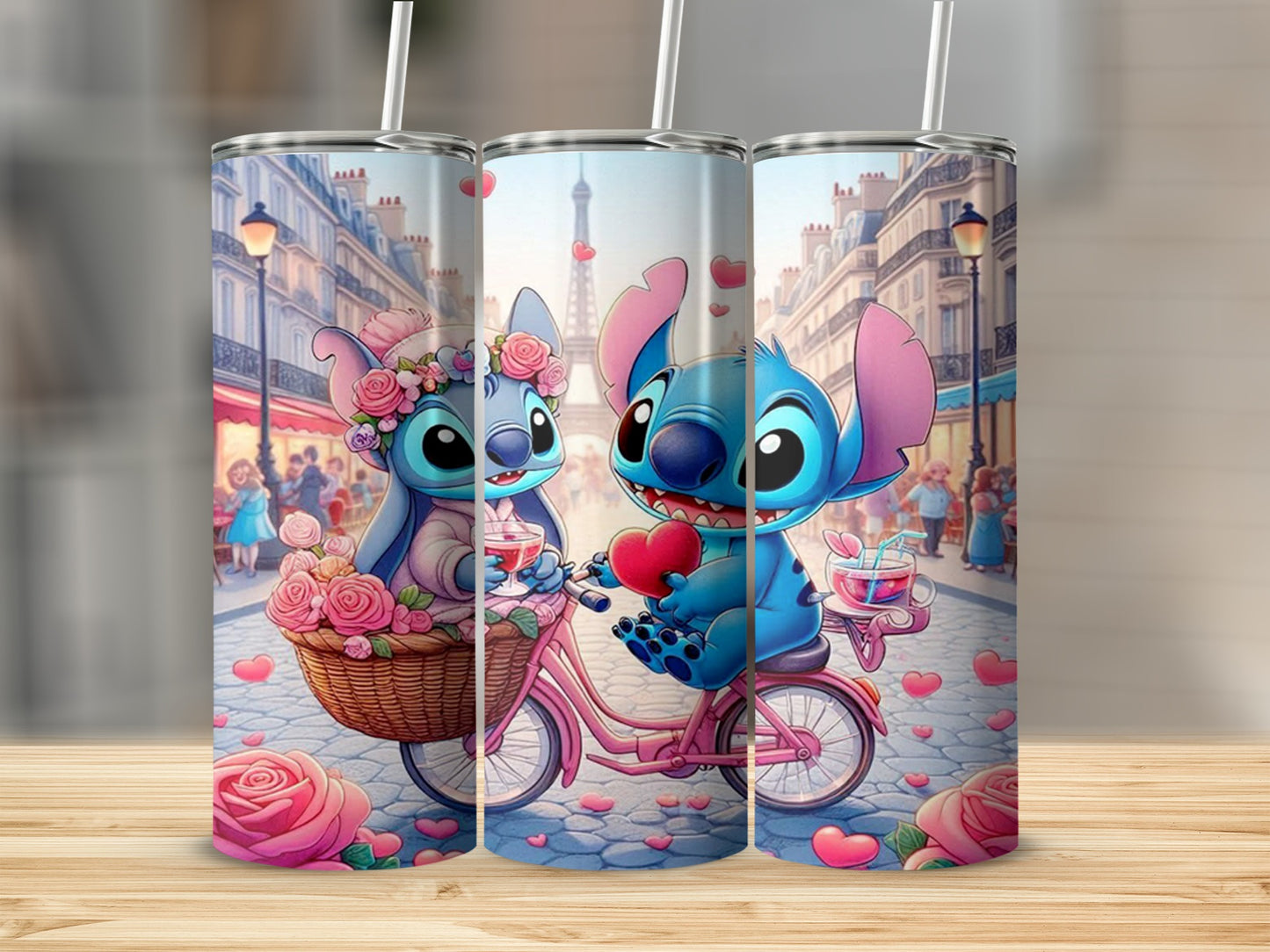 Adorable Character Couple on Bicycle Travel Mug Tumbler