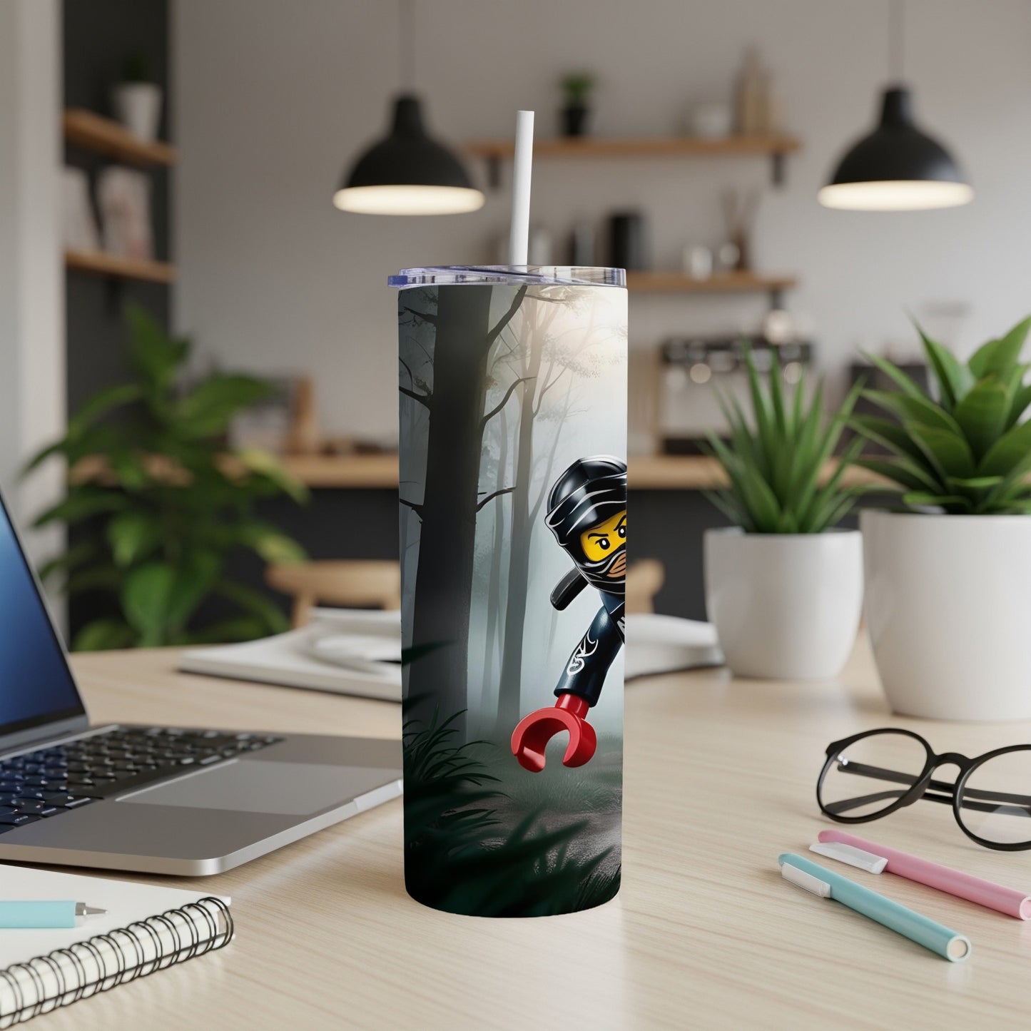 Ninjago character peeking from behind trees on a tumbler.