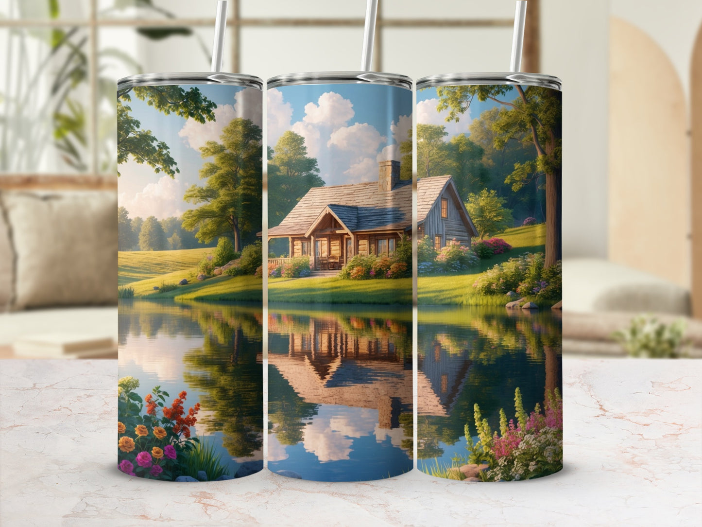 Three tumblers displaying a serene cabin scene with trees and a lake reflection.