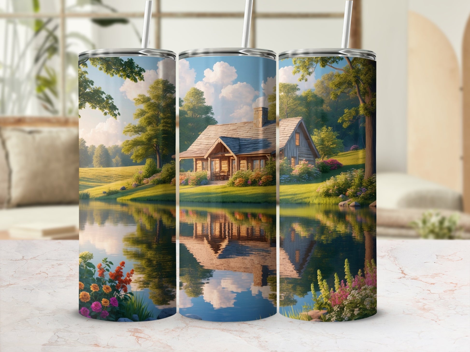 Three tumblers displaying a serene cabin scene with trees and a lake reflection.
