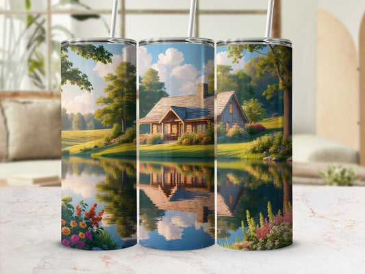 Three tumblers displaying a serene cabin scene with trees and a lake reflection.