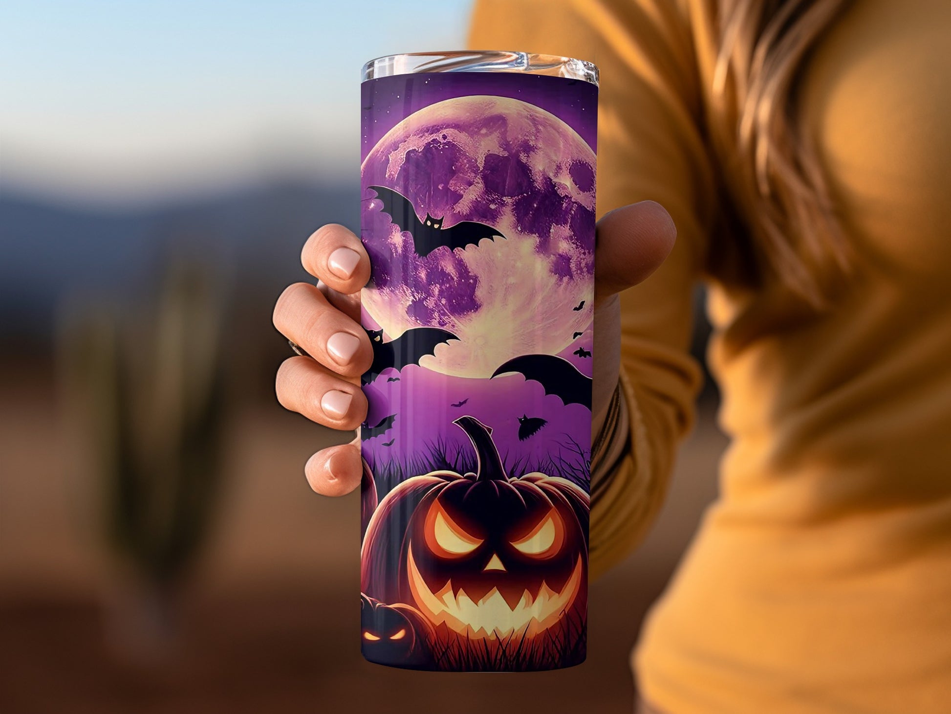 Spooky Halloween Pumpkin and Bats Design Tumbler