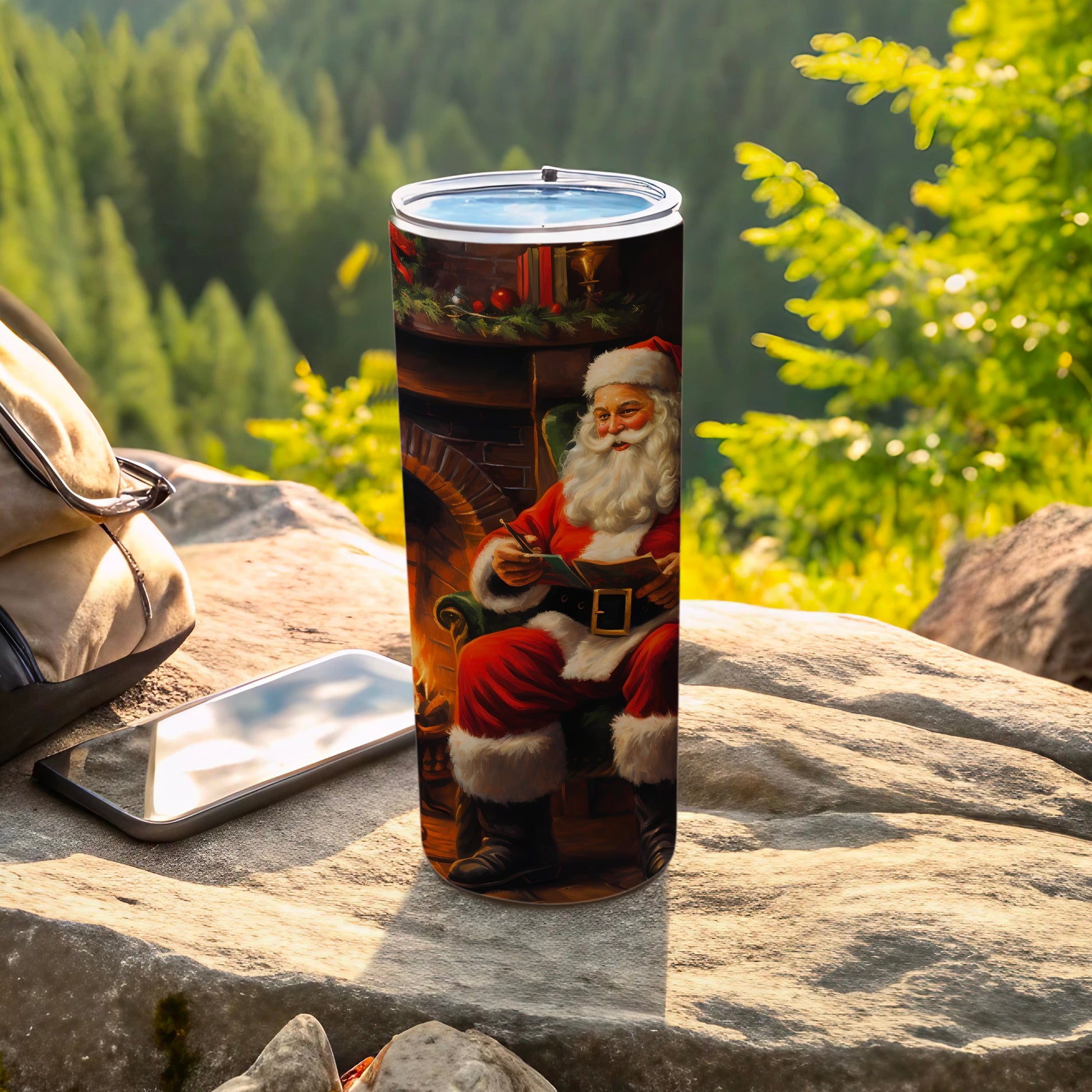 Santa Claus with Fireplace Scene Travel Tumbler