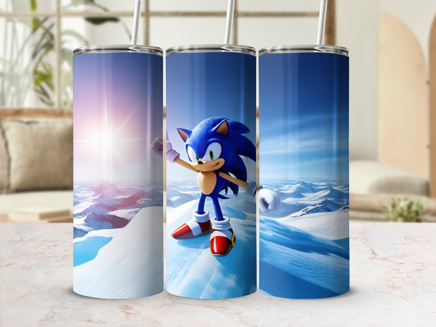 Sonic the Hedgehog on a snowy landscape wraps around a tumbler.