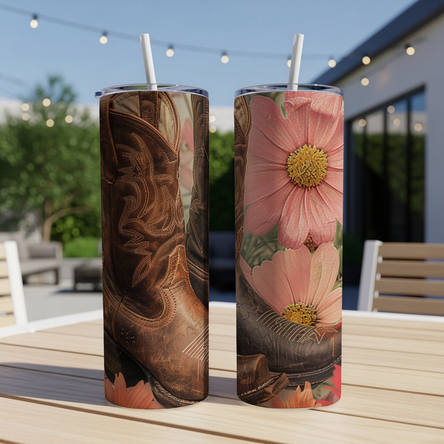Two tumblers with cowboy boots and pink flowers on an outdoor table.