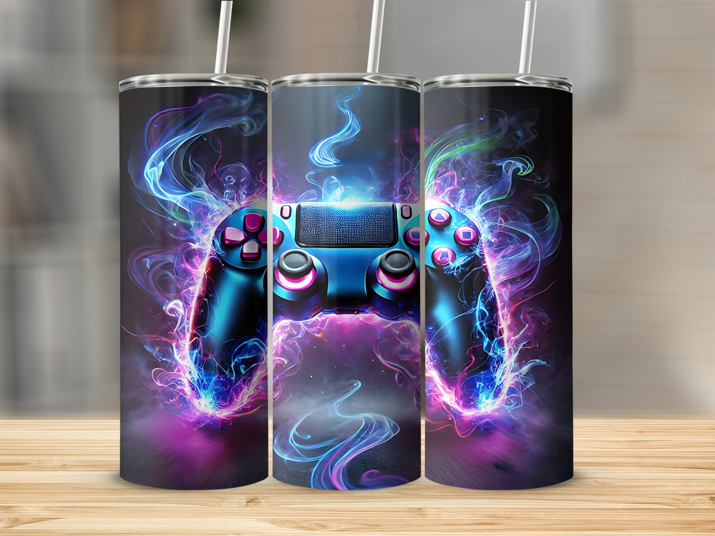 Gaming controller surrounded by vibrant, colorful smoke effects.