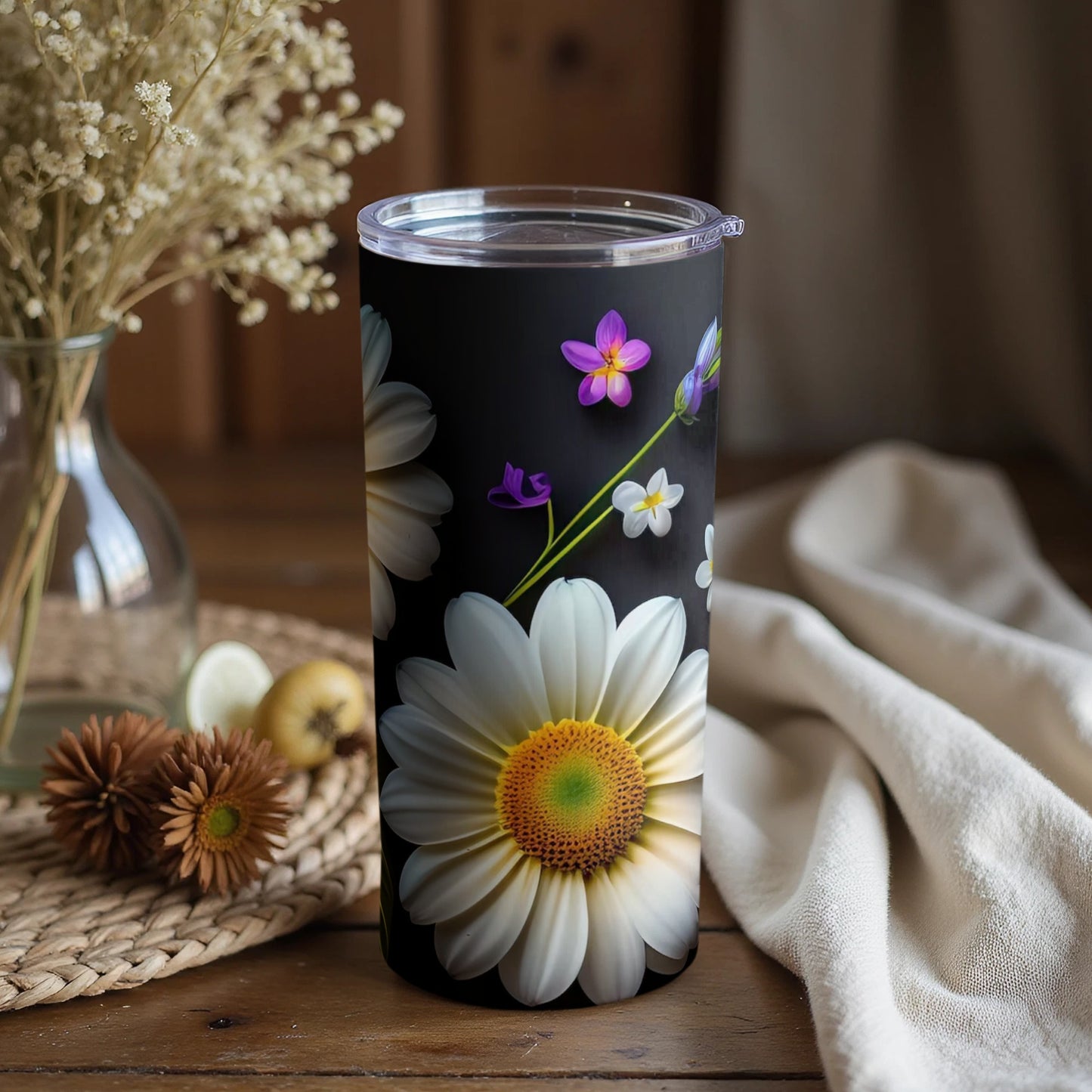Floral Daisy and Wildflower Black Tumbler Product