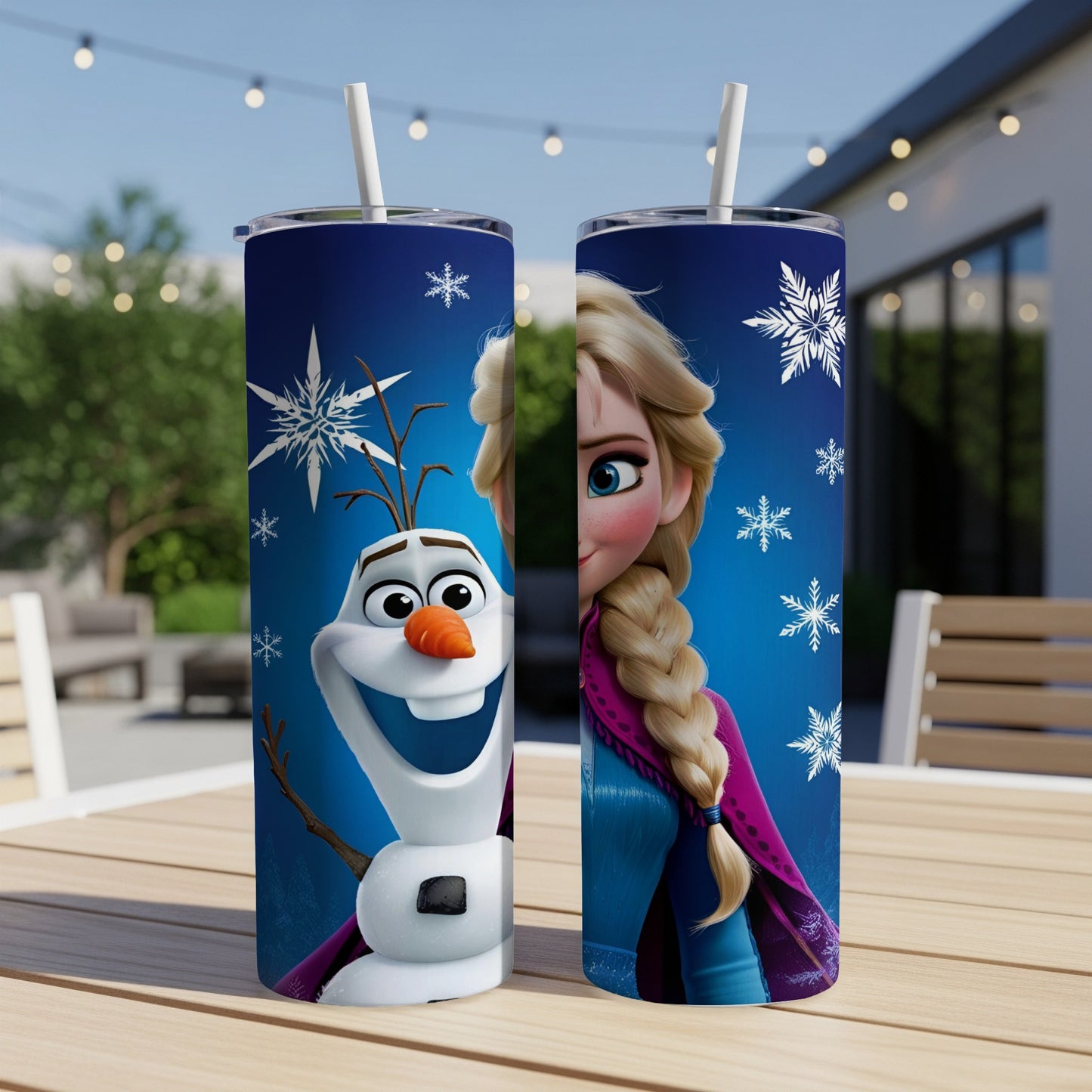 Olaf and Elsa from Frozen on a blue speckled tumbler.