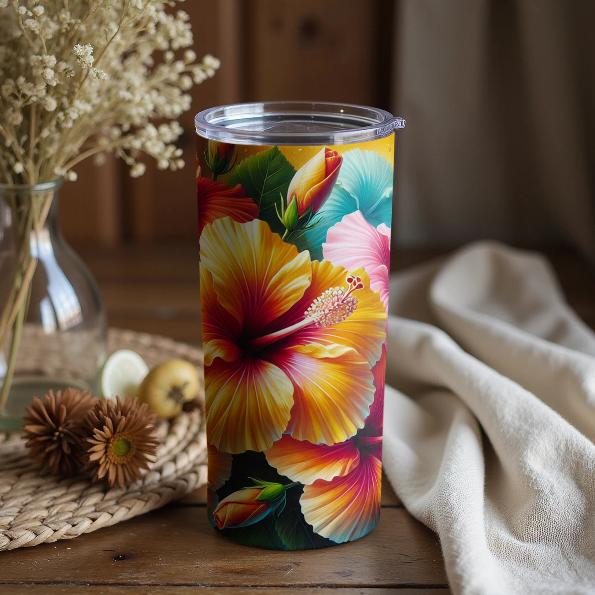 Vibrant Hibiscus Flower Pattern Insulated Tumbler