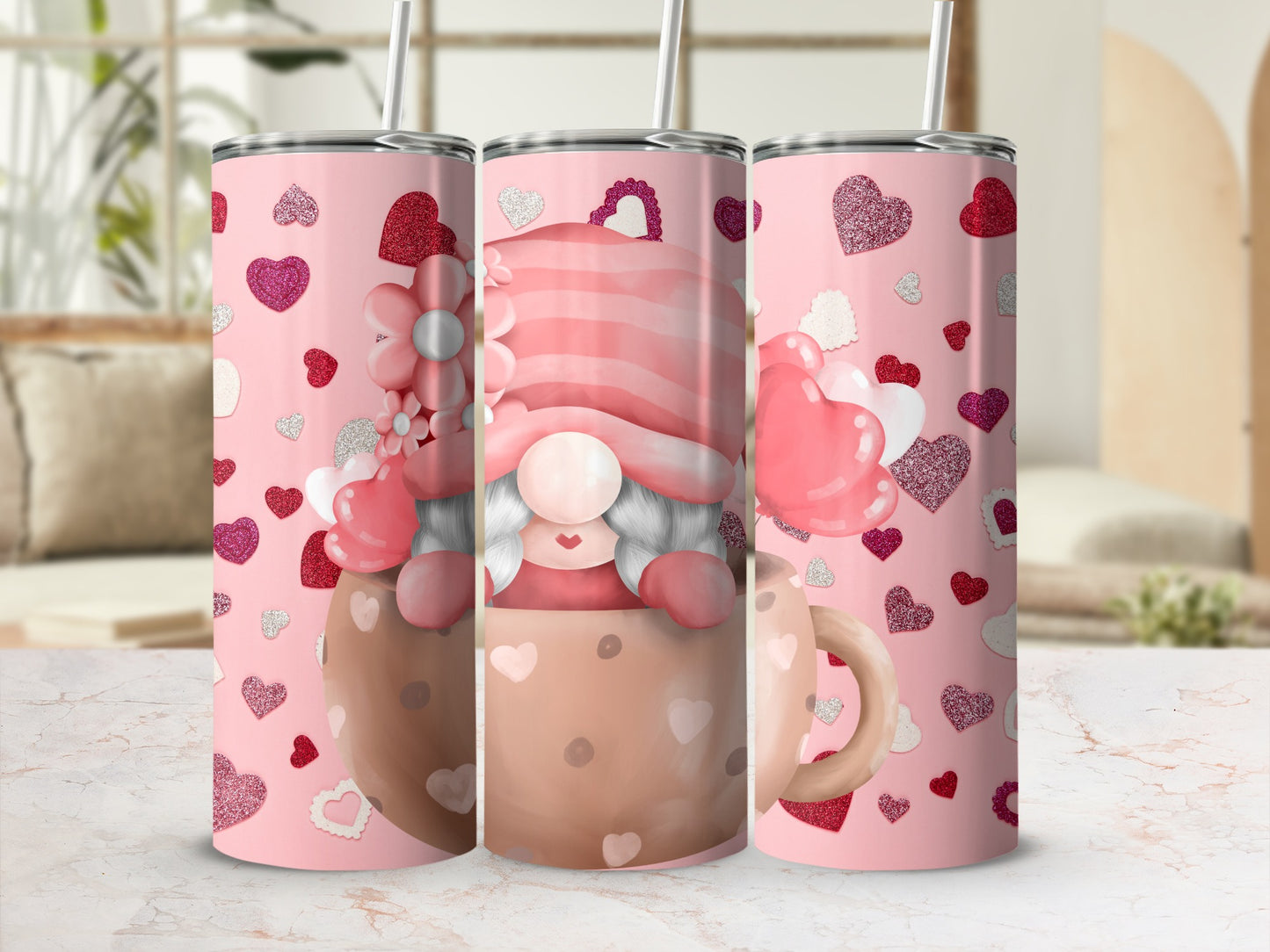 Gnome in Mug with Hearts Tumbler for Valentine's Day