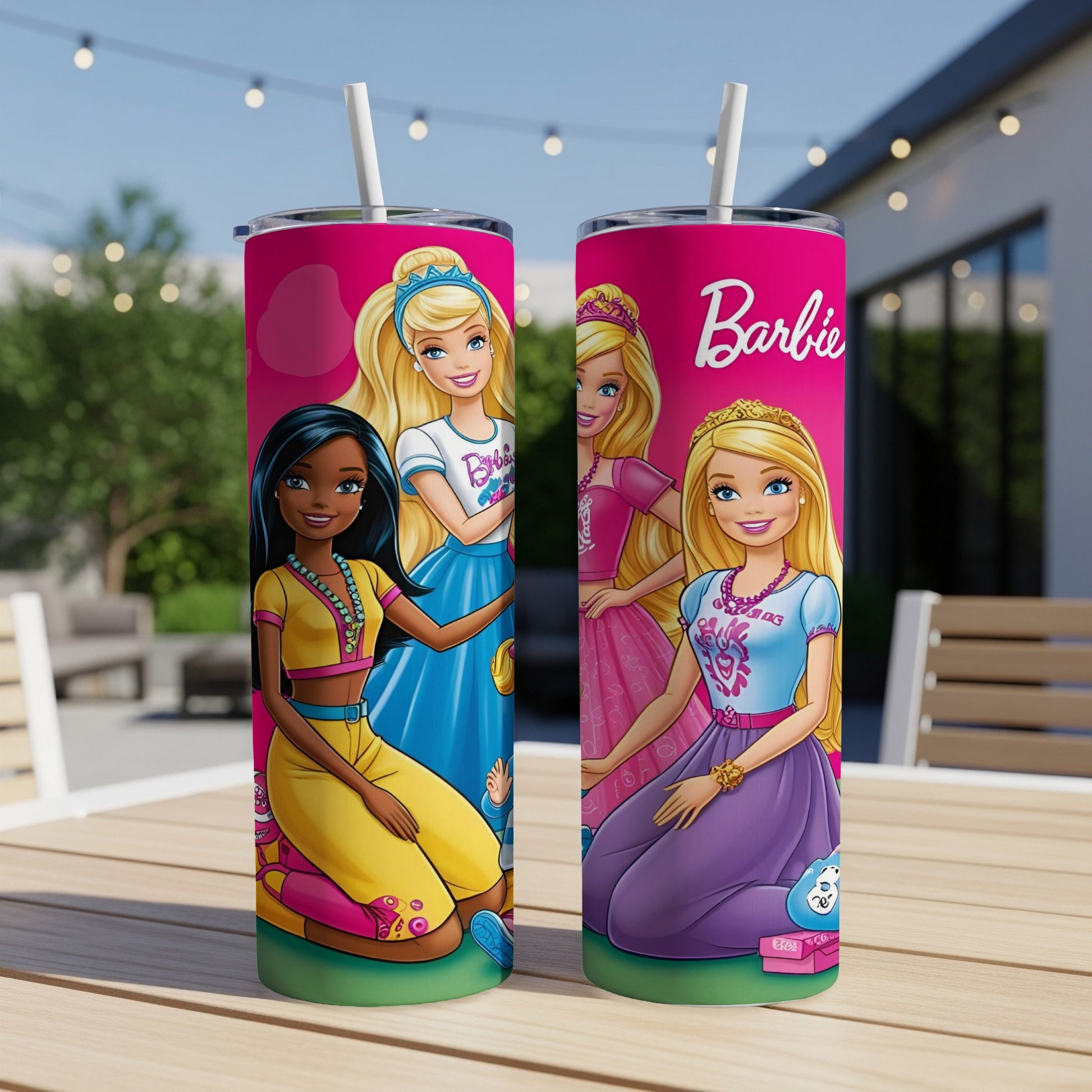 Barbie tumbler with three dolls and "Barbie" text.