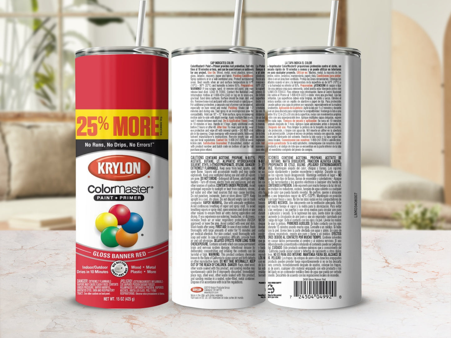 Krylon Colormaster Gloss Banner Red spray paint can with text.