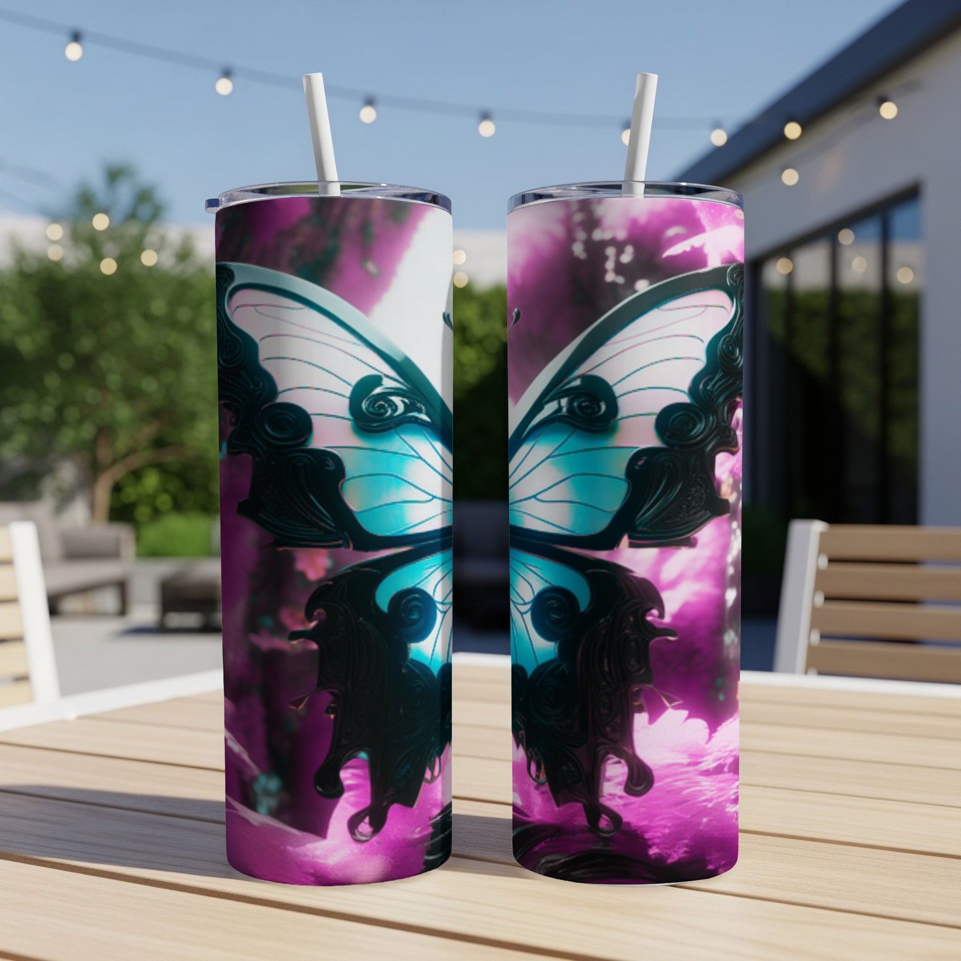 Two tumblers with a detailed butterfly wing design in blue and pink.