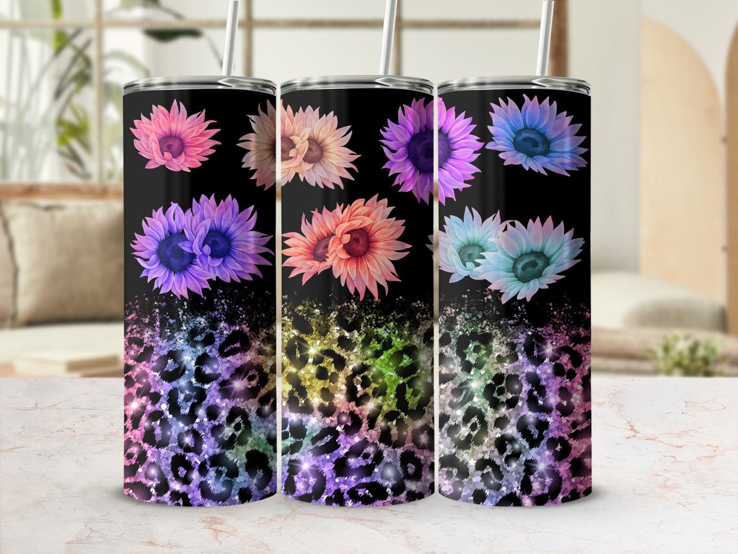 Colorful Sunflower and Leopard Print Tumbler Design
