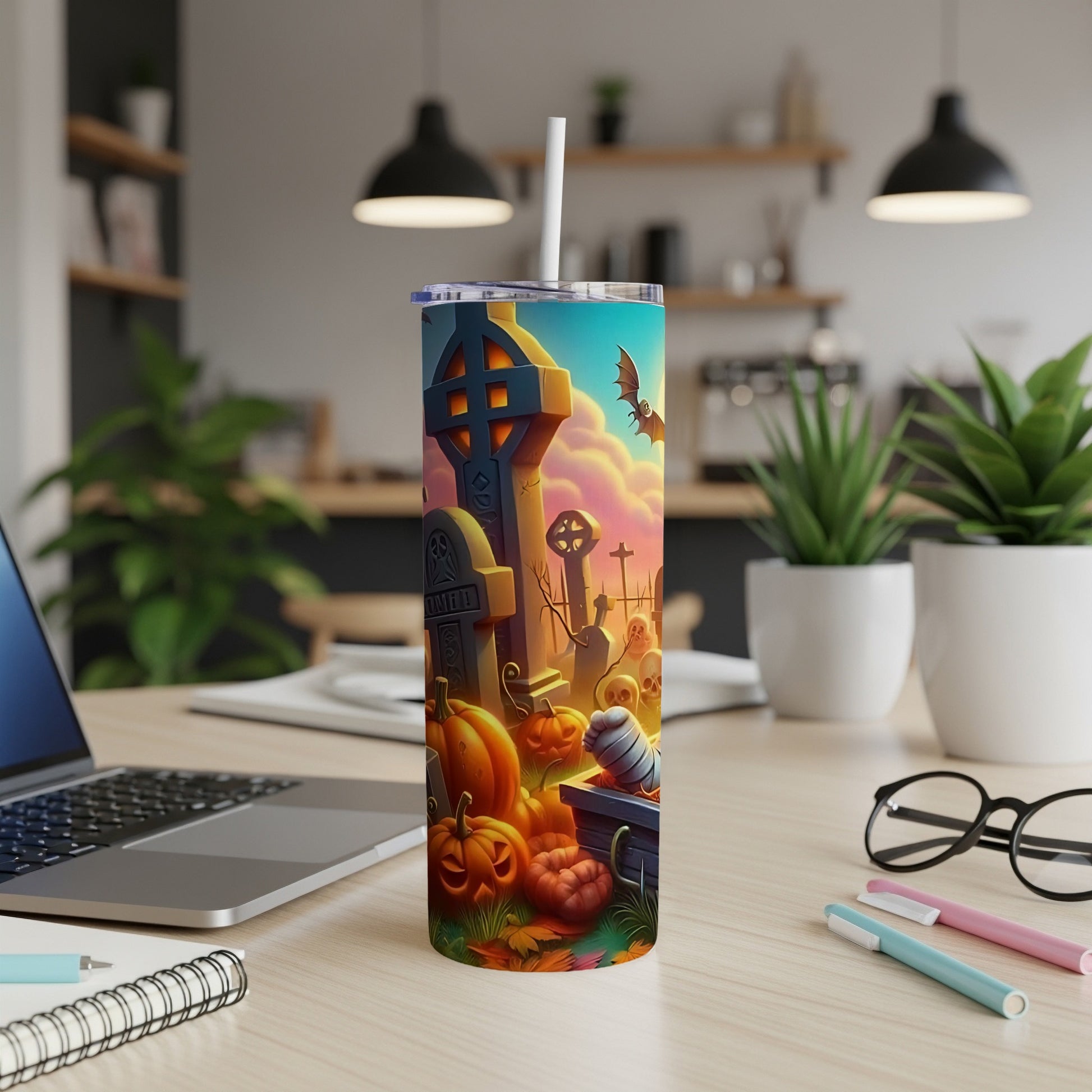 Tall tumbler with Halloween graveyard, pumpkins, bats, and mummy design.