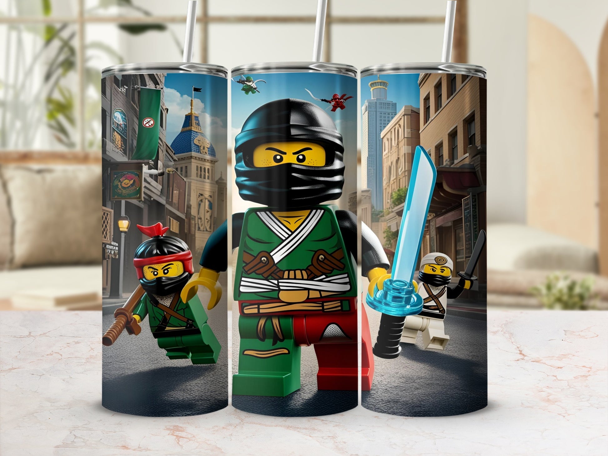 Ninja characters in action poses with weapons on a city street background.
