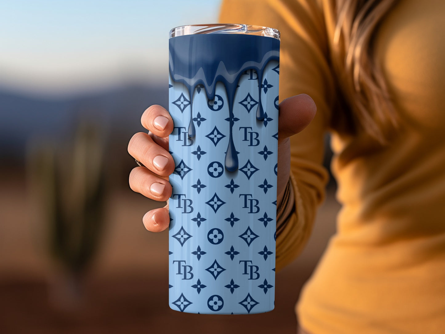 TB Logo Design In Light Blue And Navy Blue Tumblers