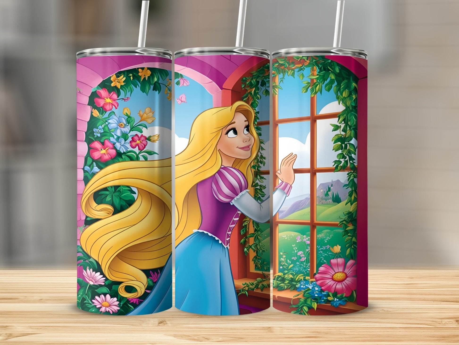 Tangled Rapunzel in a pink dress with long blonde hair, looking out a window.