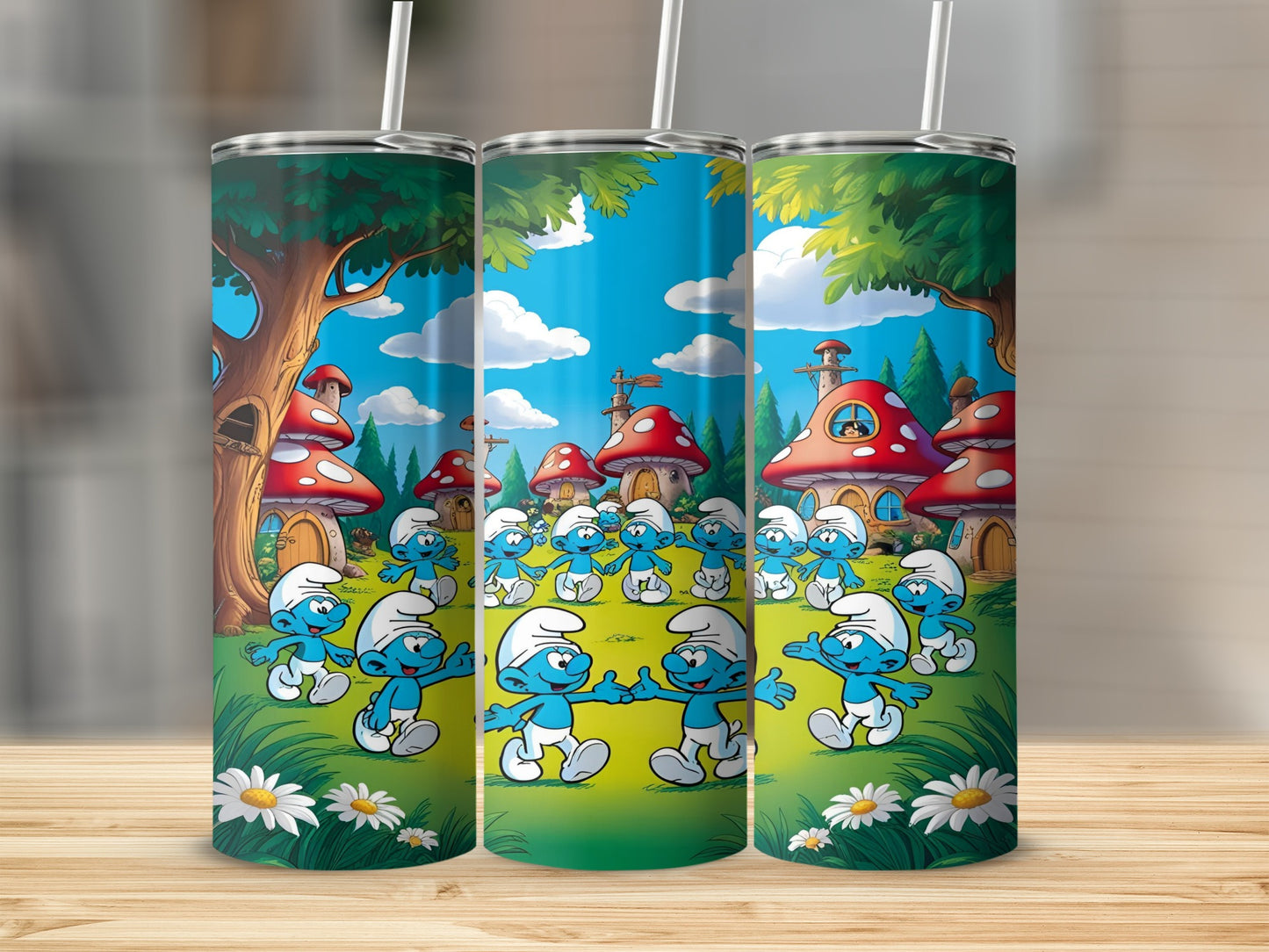 Smurfs in a village with mushroom houses and daisy flowers.