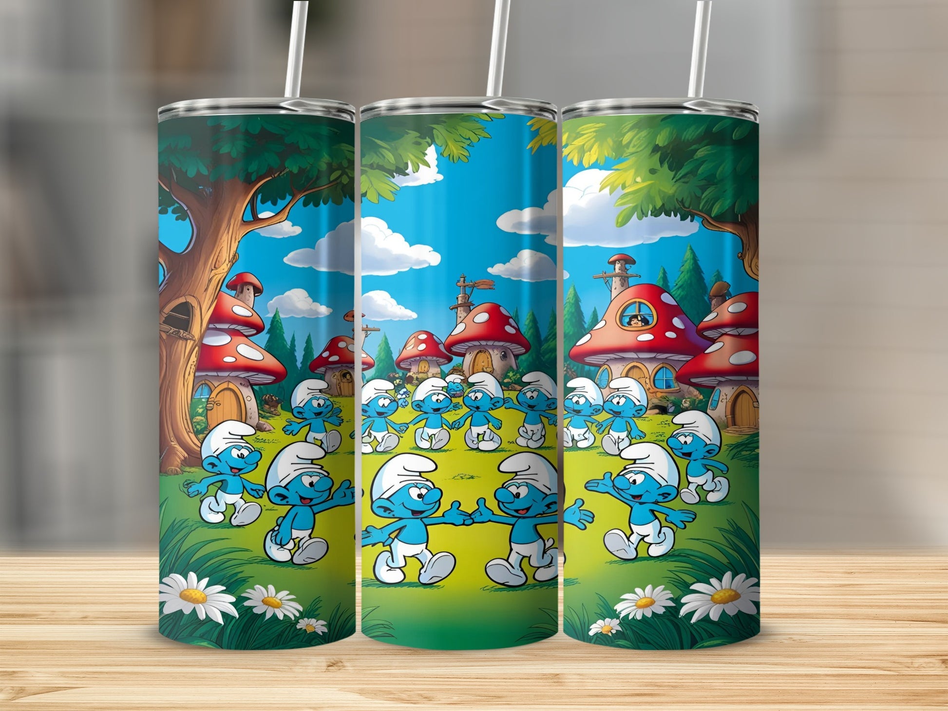 Smurfs in a village with mushroom houses and daisy flowers.
