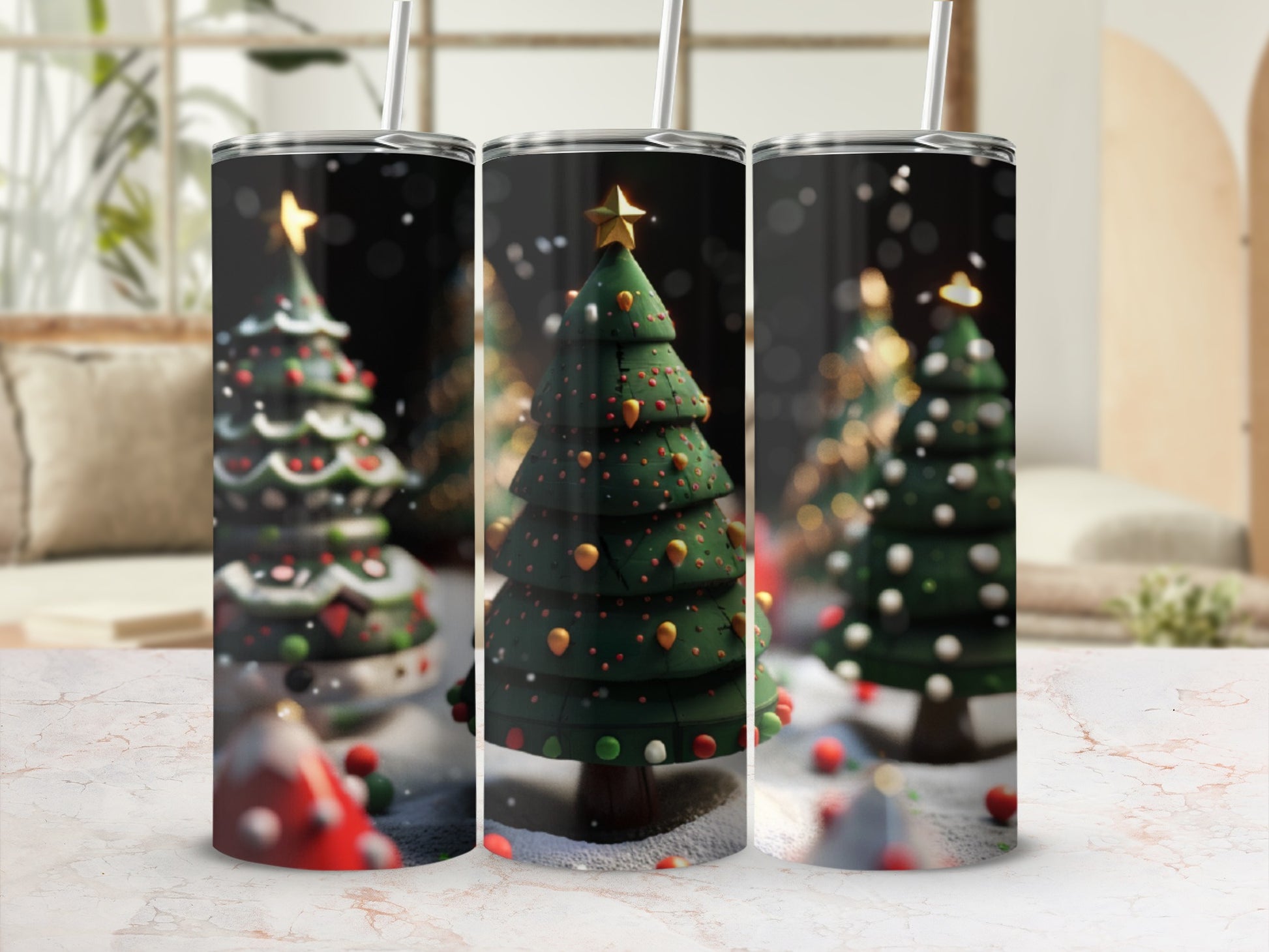 Three tumblers featuring a festive Christmas tree design with snowflakes.