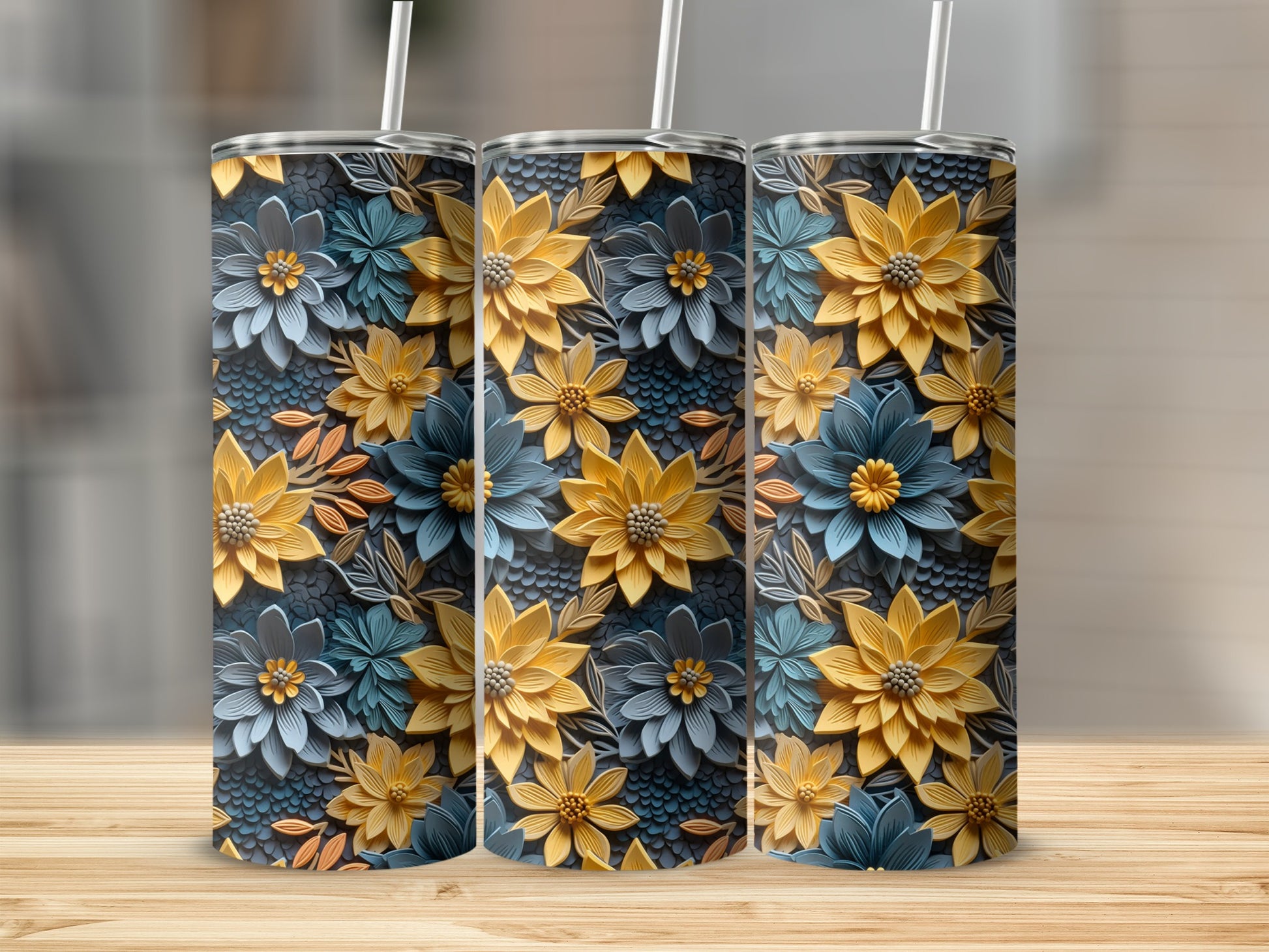 Elegant Blue and Yellow Flower Design Insulated Tumbler
