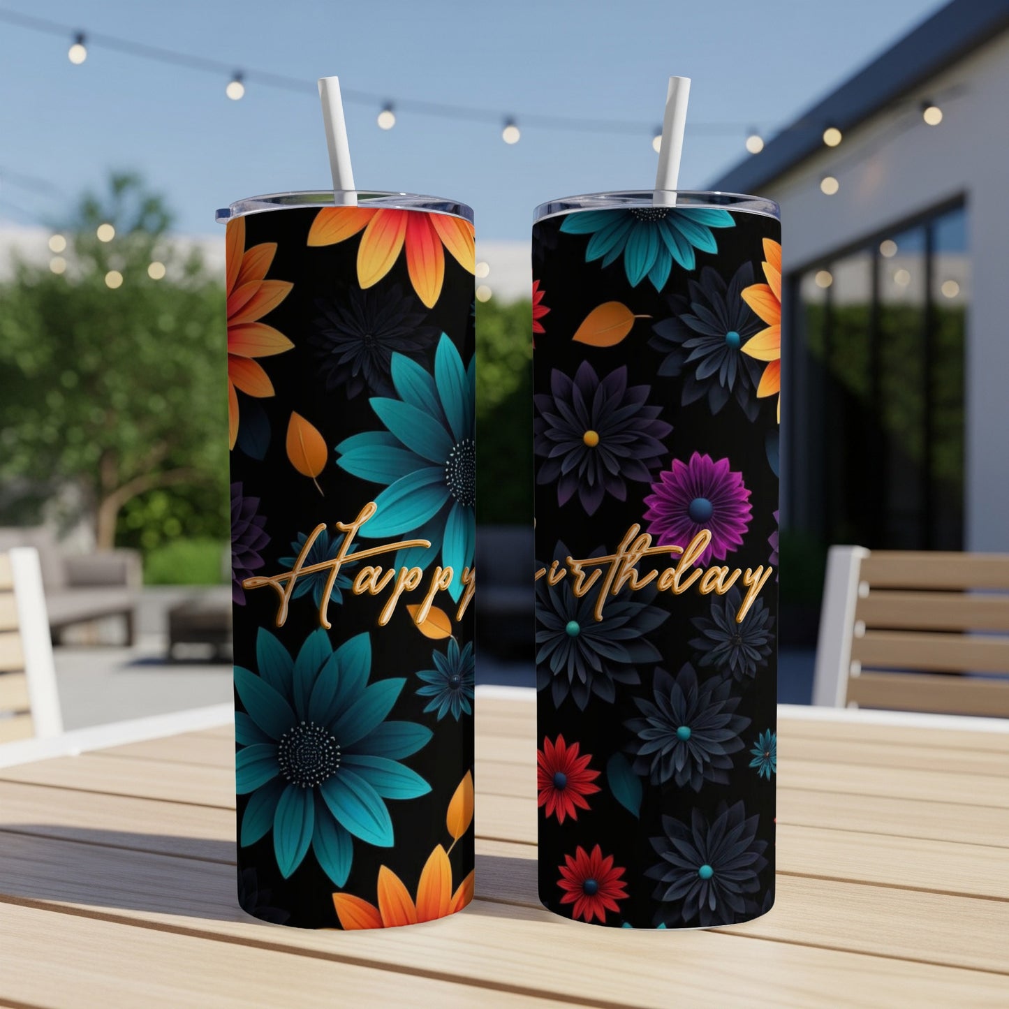 Two tumblers with floral design and "Happy birthday" text.