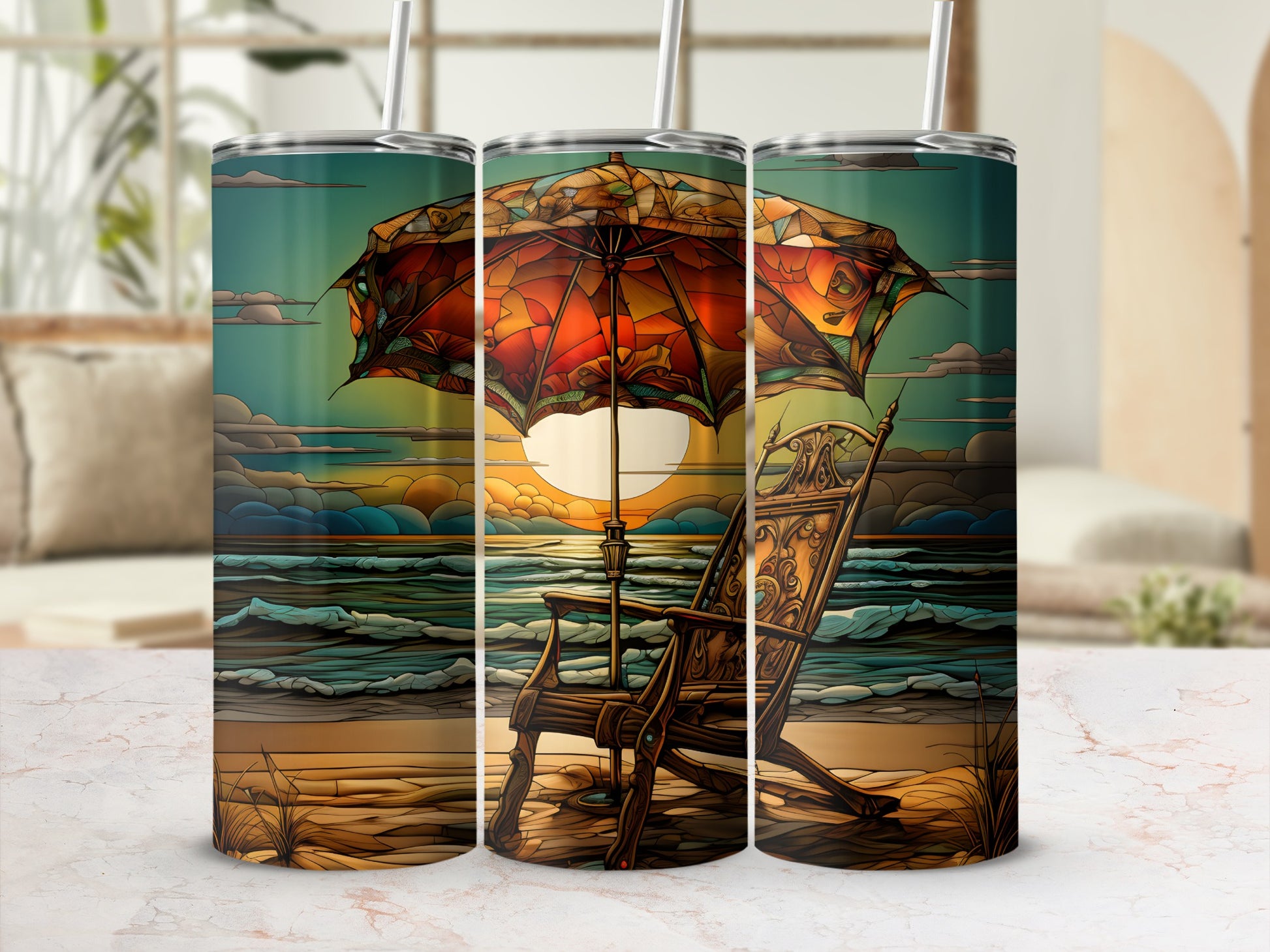 Beach scene with Adirondack chair and umbrella at sunset.