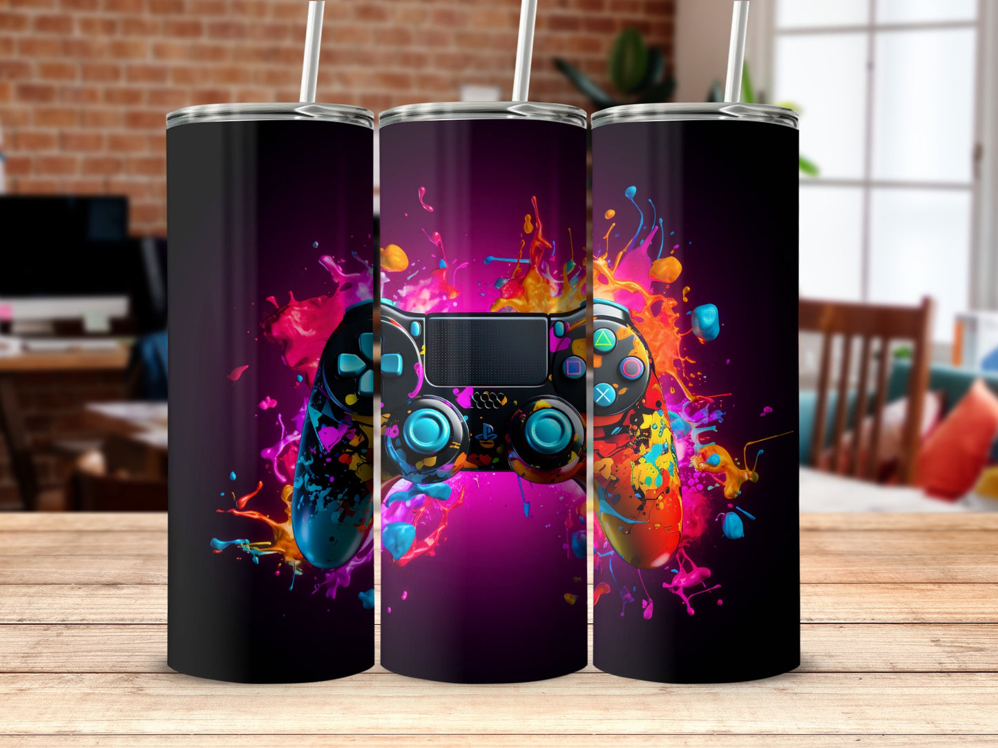 Vibrant Gaming Tumbler Design with Splashes of Color