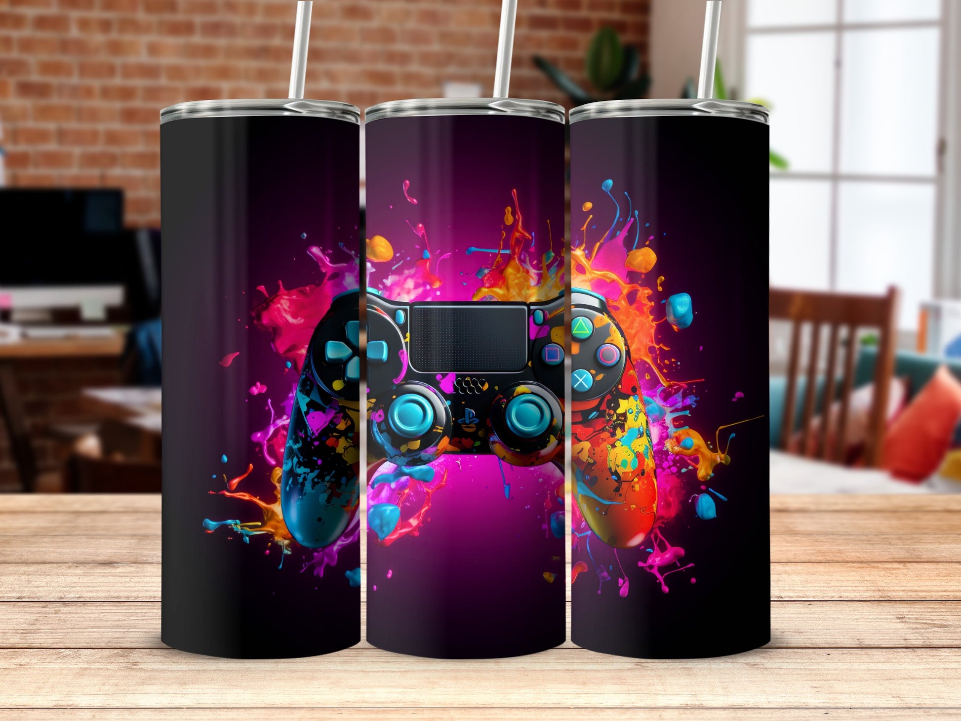 Vibrant Gaming Tumbler Design with Splashes of Color