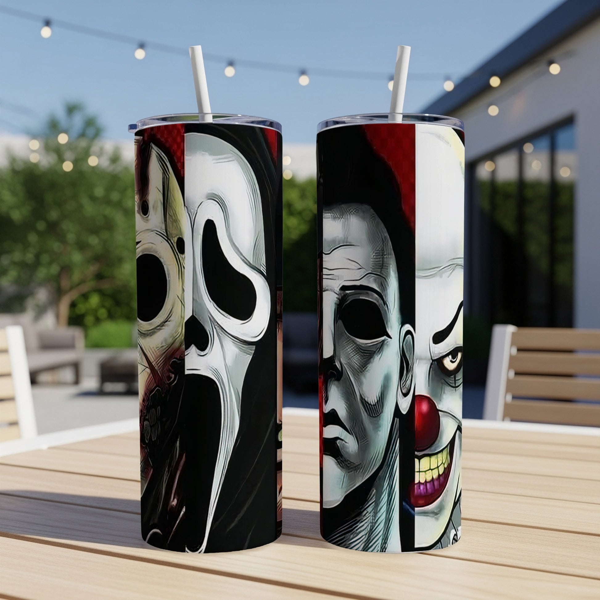 Two tumblers featuring horror movie villains: Ghostface, Michael Myers, and Pennywise.