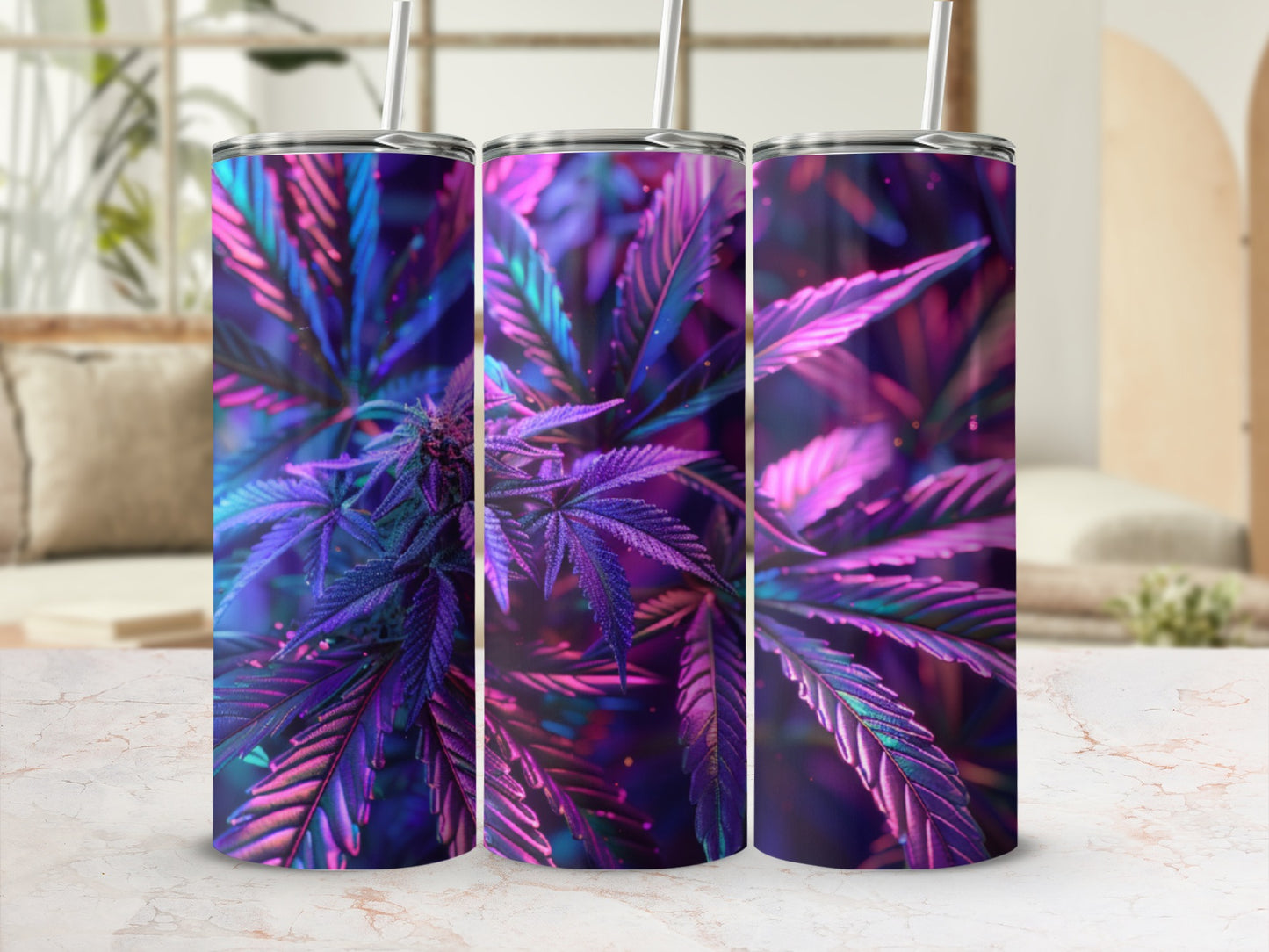 Three tumblers with purple and pink cannabis leaves design.