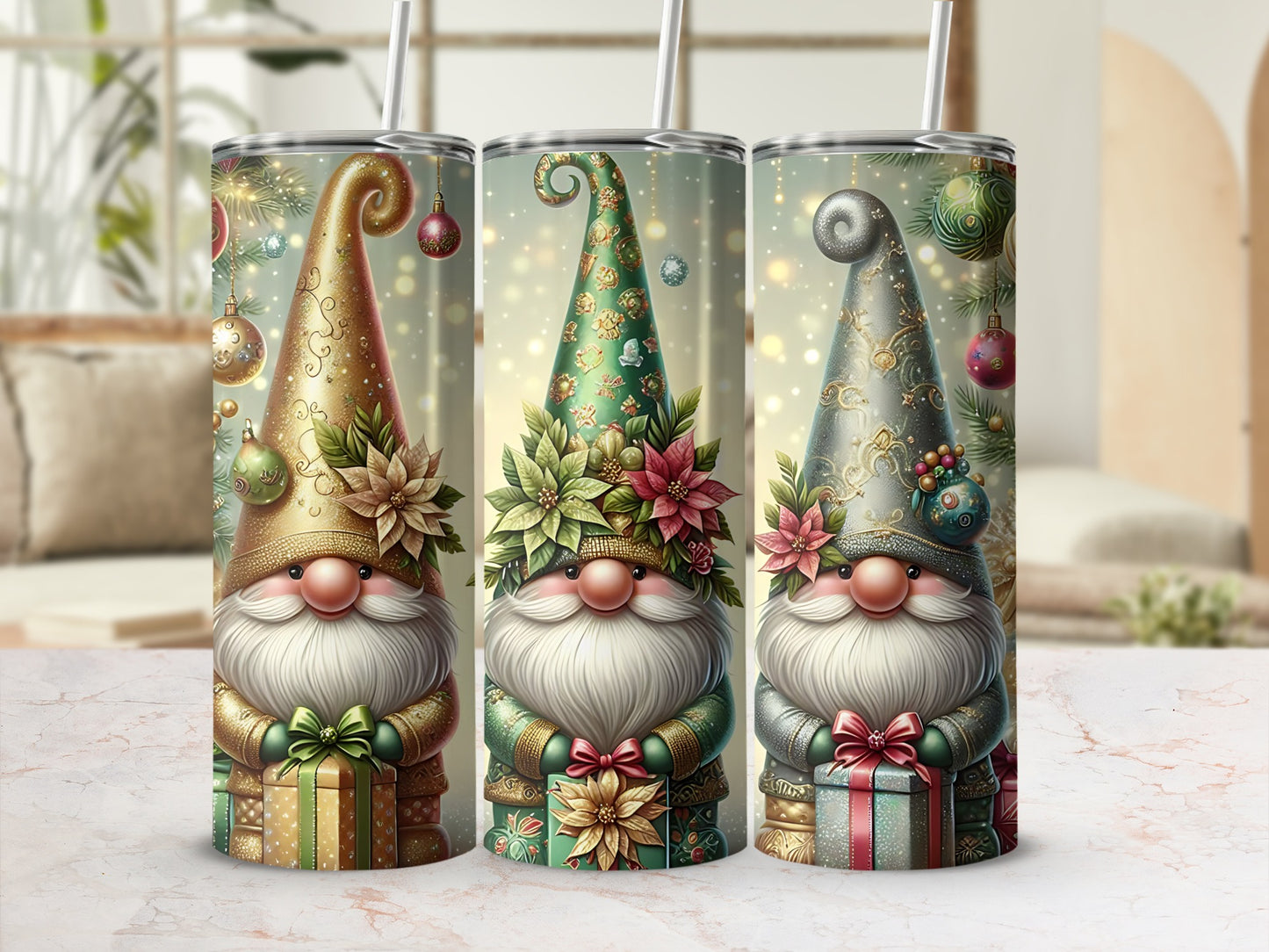 Three Christmas gnomes wearing hats with ornaments and holding gifts.