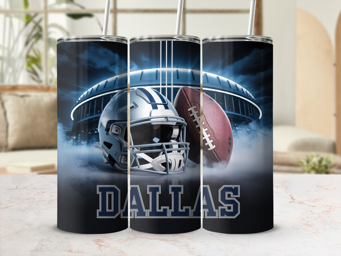Dallas Cowboys helmet and football in stadium stadium setting.