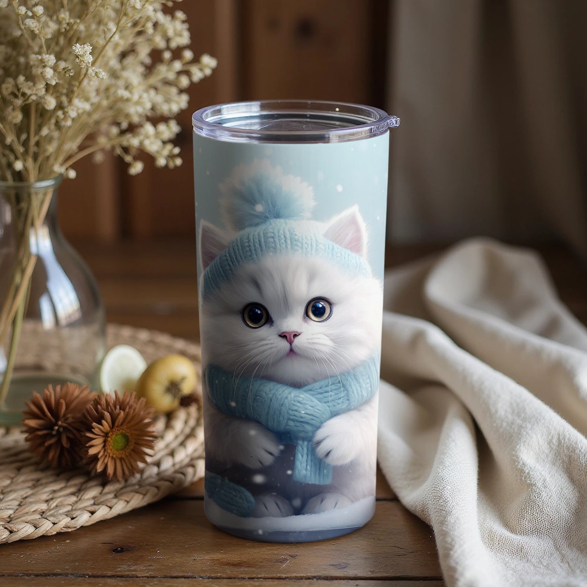 Cute Kitten in Winter Hat Artwork Tumbler Cup