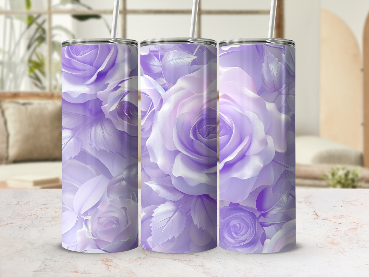 Three tumblers with a pastel purple rose floral pattern.