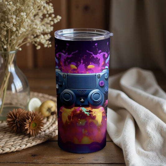 Vibrant Gaming Controller Art on Drink Tumbler