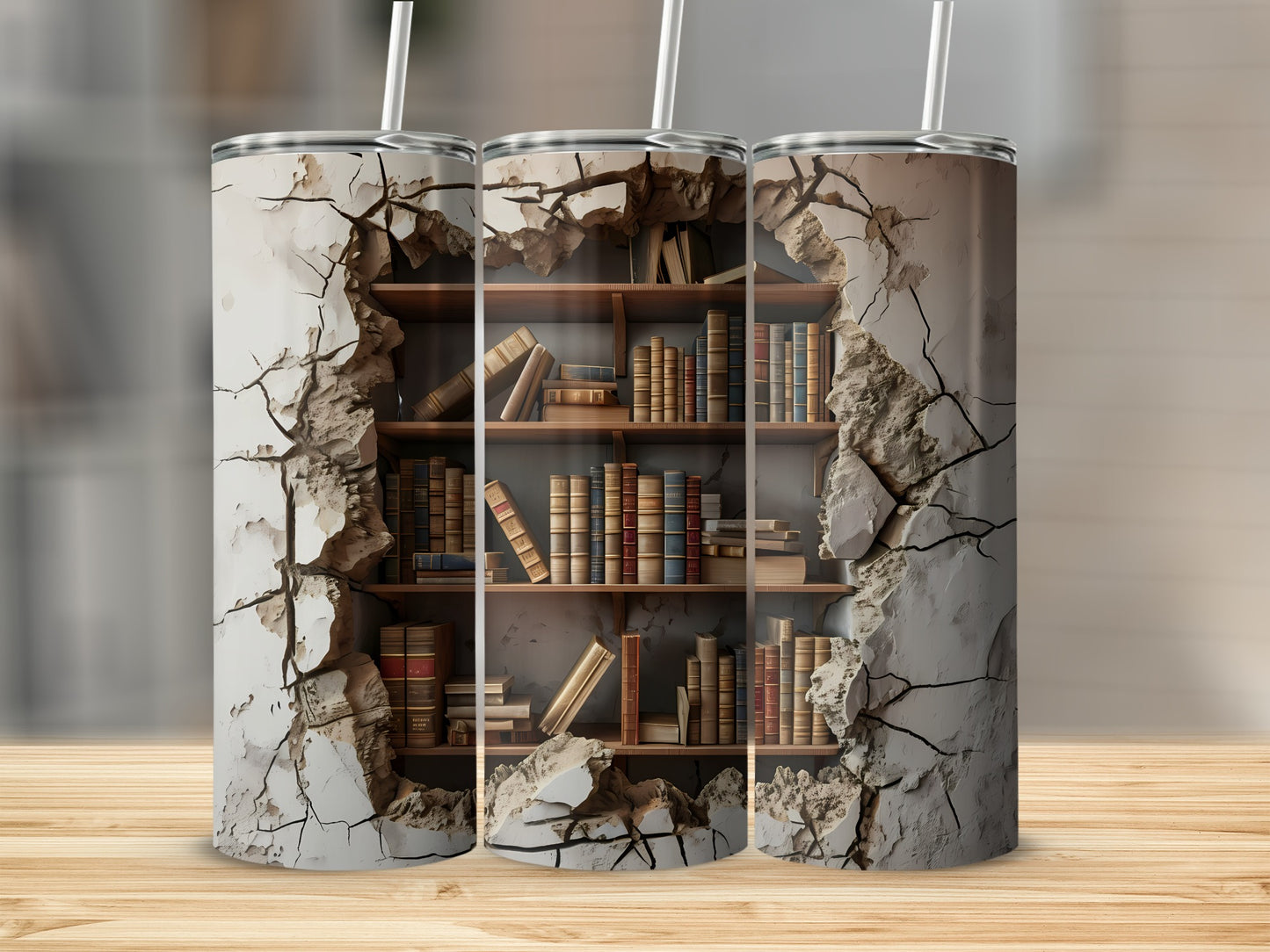 Three tumblers with a cracked wall design revealing a bookshelf.
