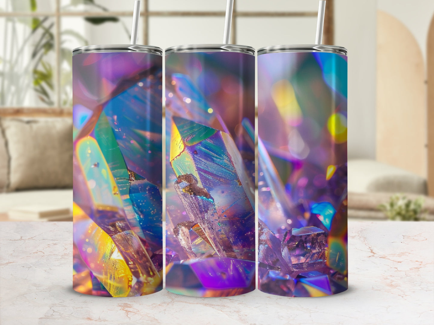 Tumbler with colorful, iridescent crystal cluster design.