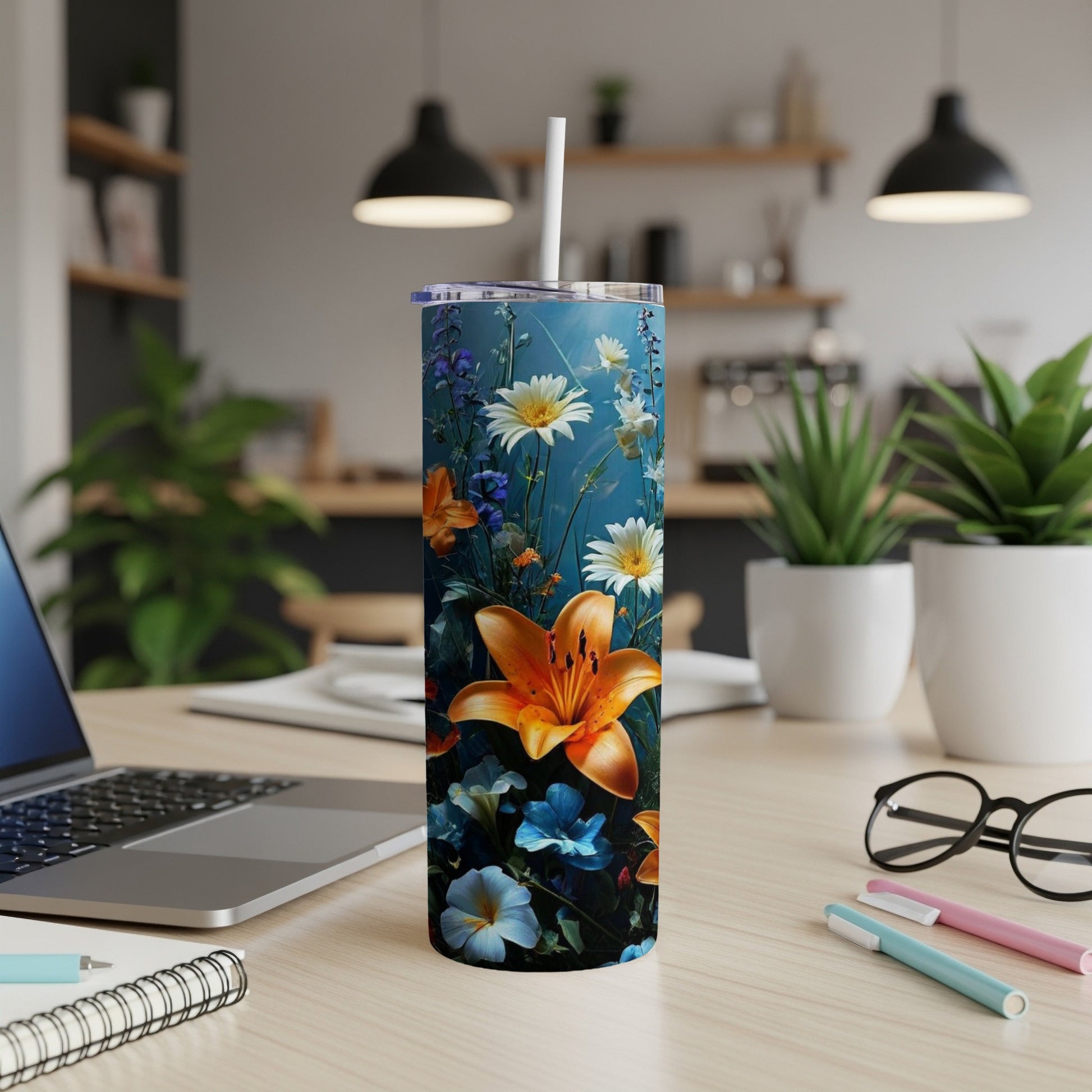Tall tumbler with a vibrant floral design featuring lilies and daisies.