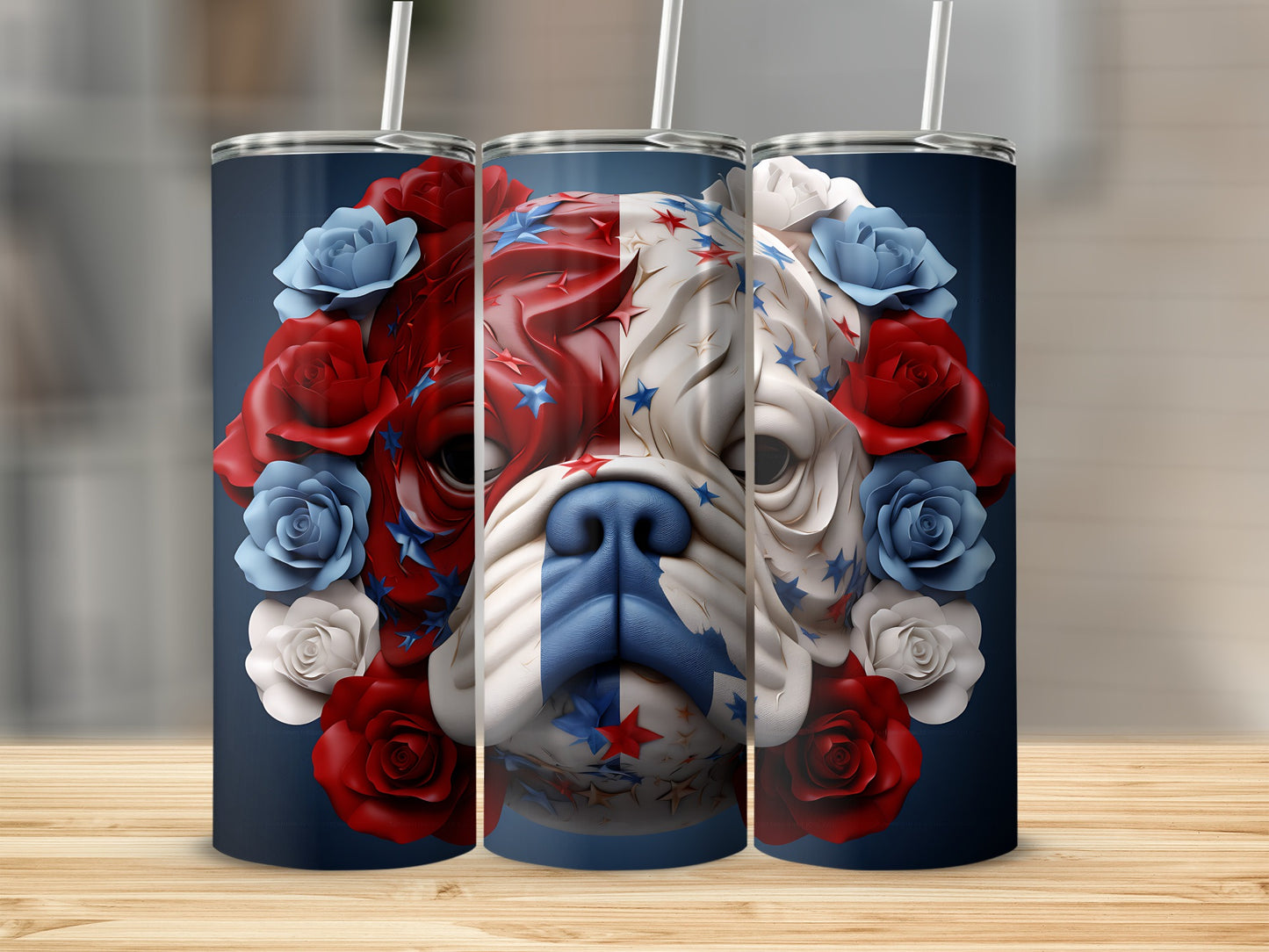 Bulldog face with patriotic roses and stars on three tumblers.