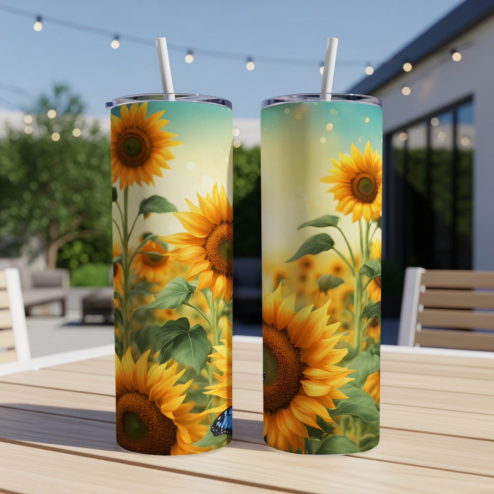 Two tumblers with sunflowers and a butterfly against a blurred outdoor background.