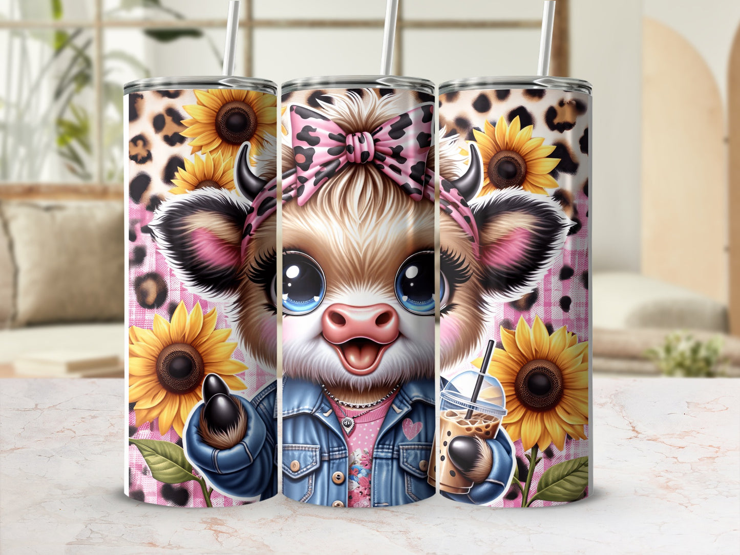 Cute cow with sunflowers and leopard print on a tumbler.