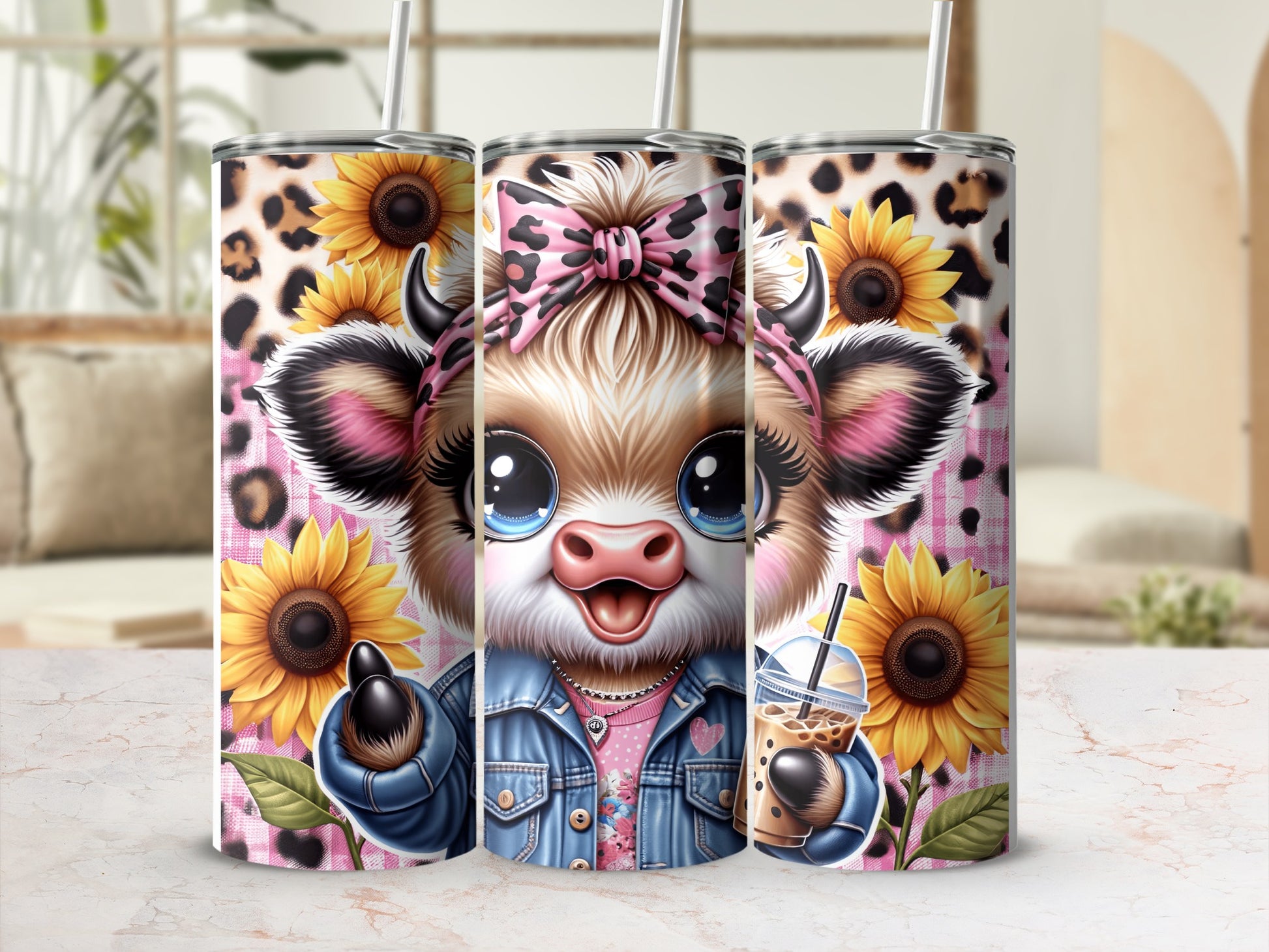 Cute cow with sunflowers and leopard print on a tumbler.