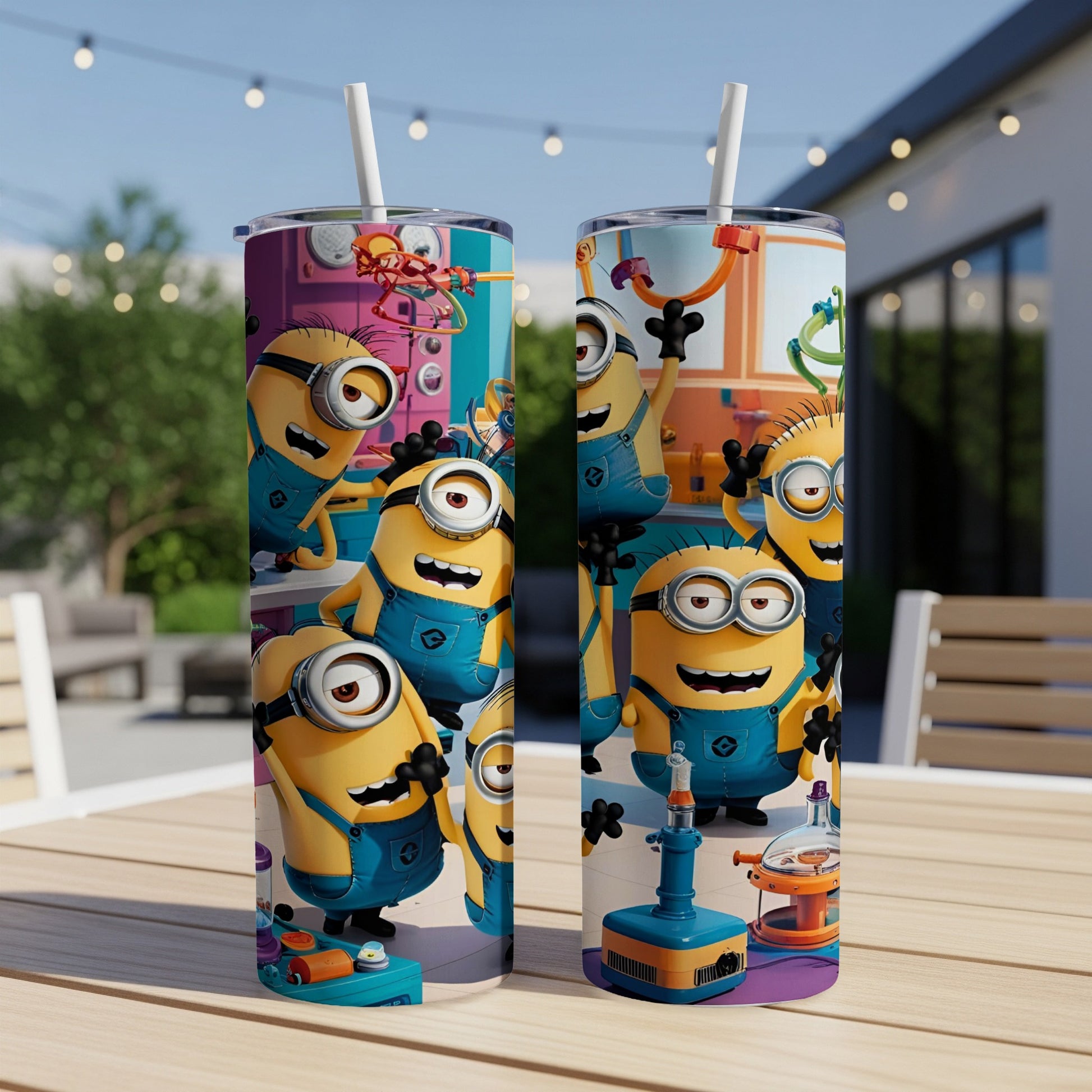 Minions in lab coats with scientific equipment on two stainless steel tumblers.