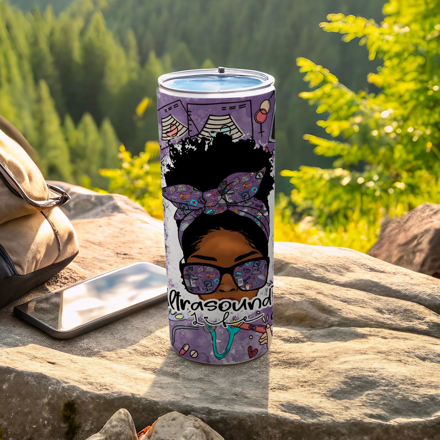 Purple tumbler with ultrasound tech graphic and stethoscope design.