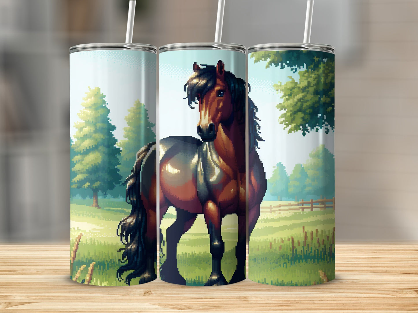 Pixel art brown horse standing in a grassy field with trees and a fence.